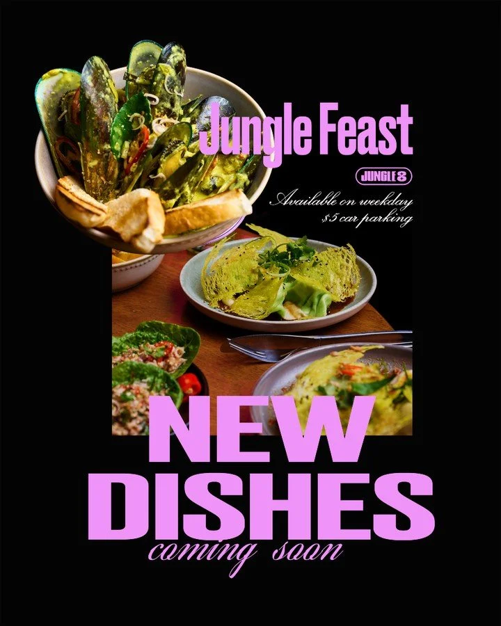 Jungle Feast - NEW DISHES COMING OUT

11 DISHES TOTAL WITH 5 ENDLESS
Green Curry Mussels w/ Kaffir &amp; Chili Curry Sauce
Thai Larb Gai Lettuce Cups
Beef Taco Ban Xeo w/ avocado pure
Grilled Pork Skewers w Peanut Satay Sauce
Crispy Fried Eggplant w 