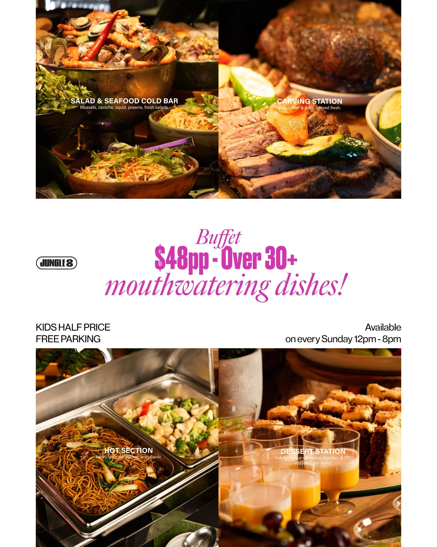 🥢 ALL-YOU-CAN-EAT SUNDAYS at Jungle8! 🌿

✨ $48 per adult | Kids half price | Free parking
Make Sundays your new favourite day with Jungle8&rsquo;s Vietnamese-inspired buffet &ndash; serving up 30+ dishes bursting with bold flavours, tropical vibes,