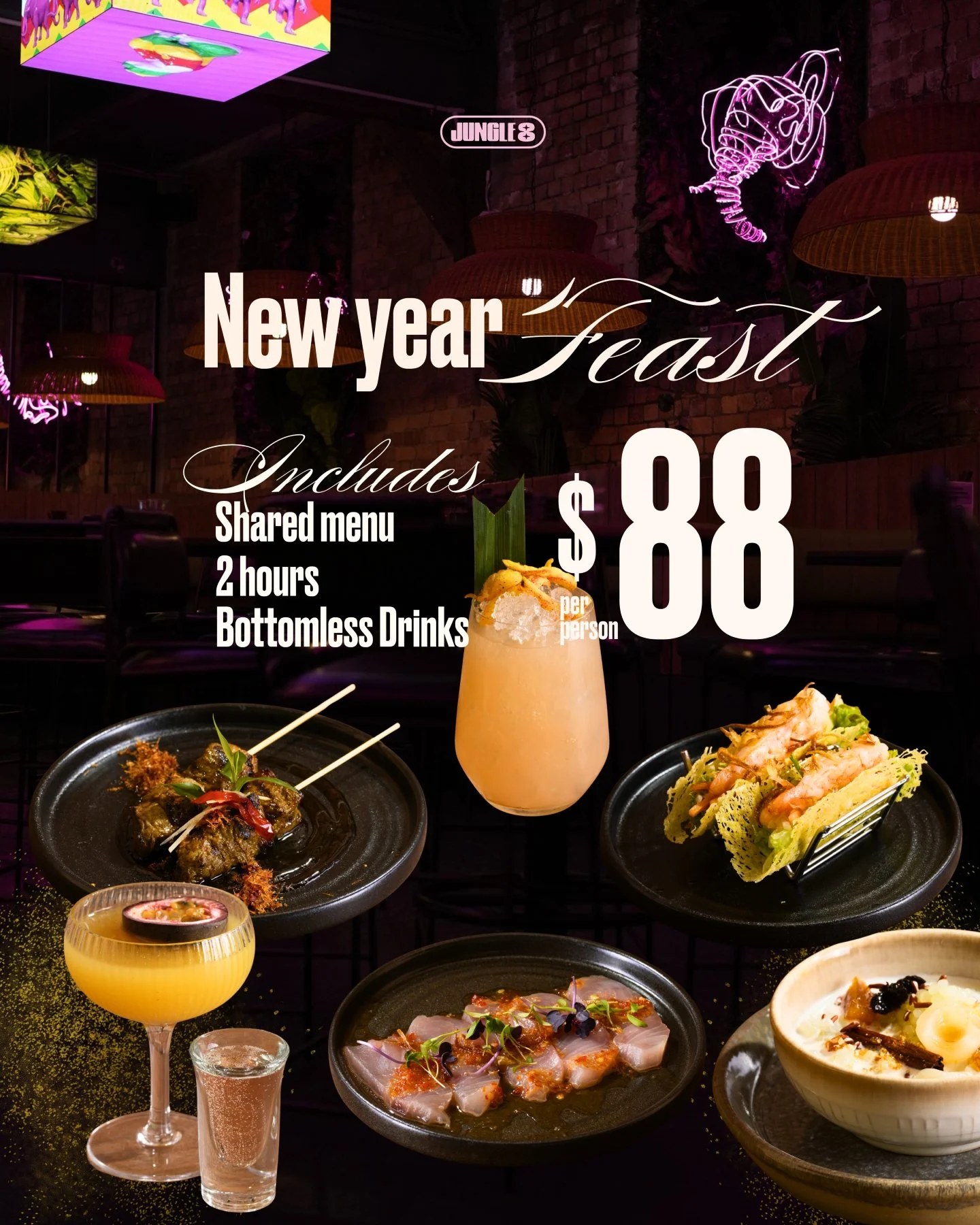 ✨ New Year Feast at Jungle 8 &ndash; Elliott Stables ✨
Close out the year with great music, big flavours, and even better company 🥂
🍽 New Year Feast Package &mdash; $88 per person
Designed for sharing, celebrating, and lingering at the table.
What&