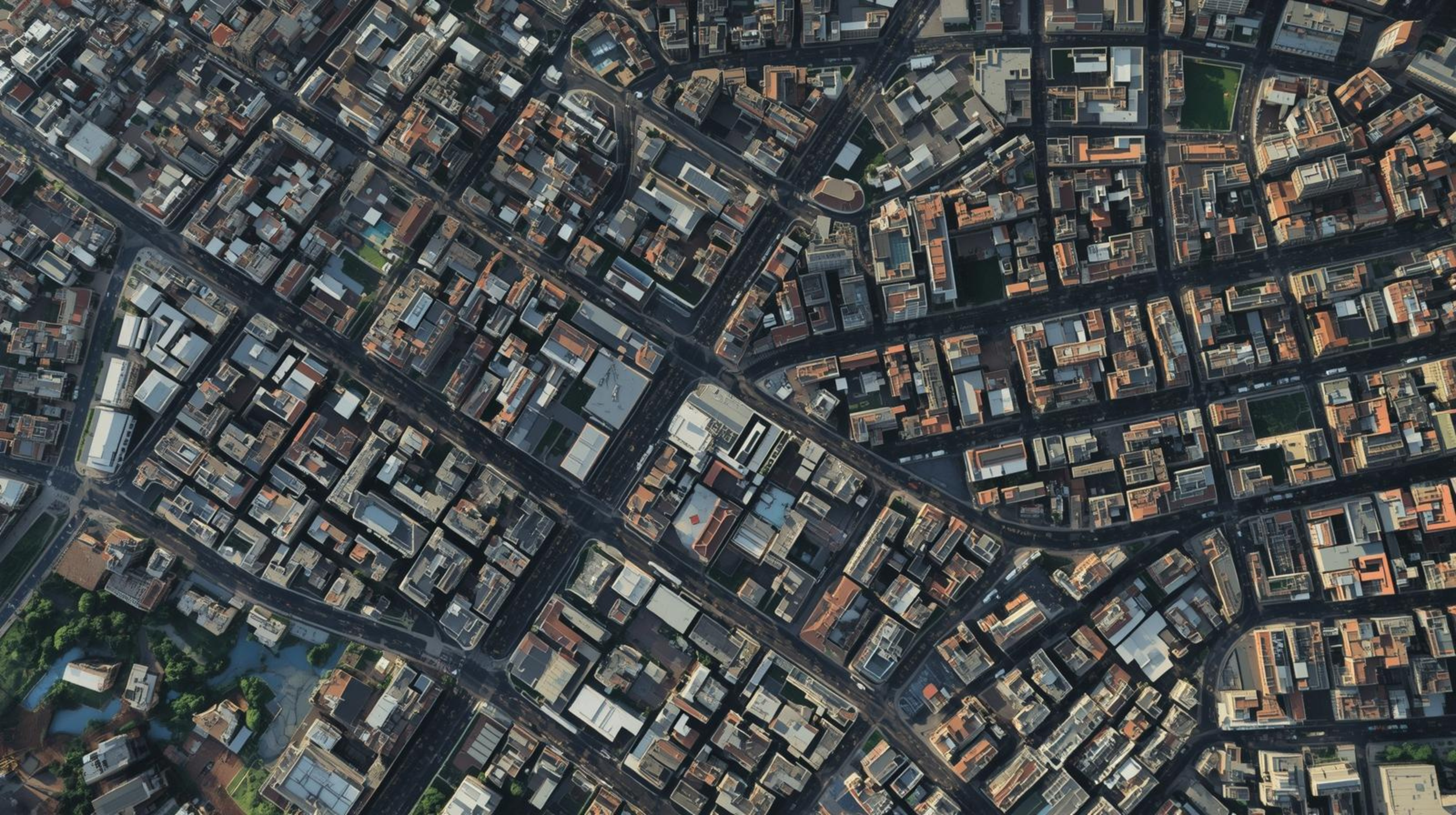 Multiple Satellite photos 3D rendered satellite view of a densely built urban cityscape showing numerous streets, buildings, and some green spaces.