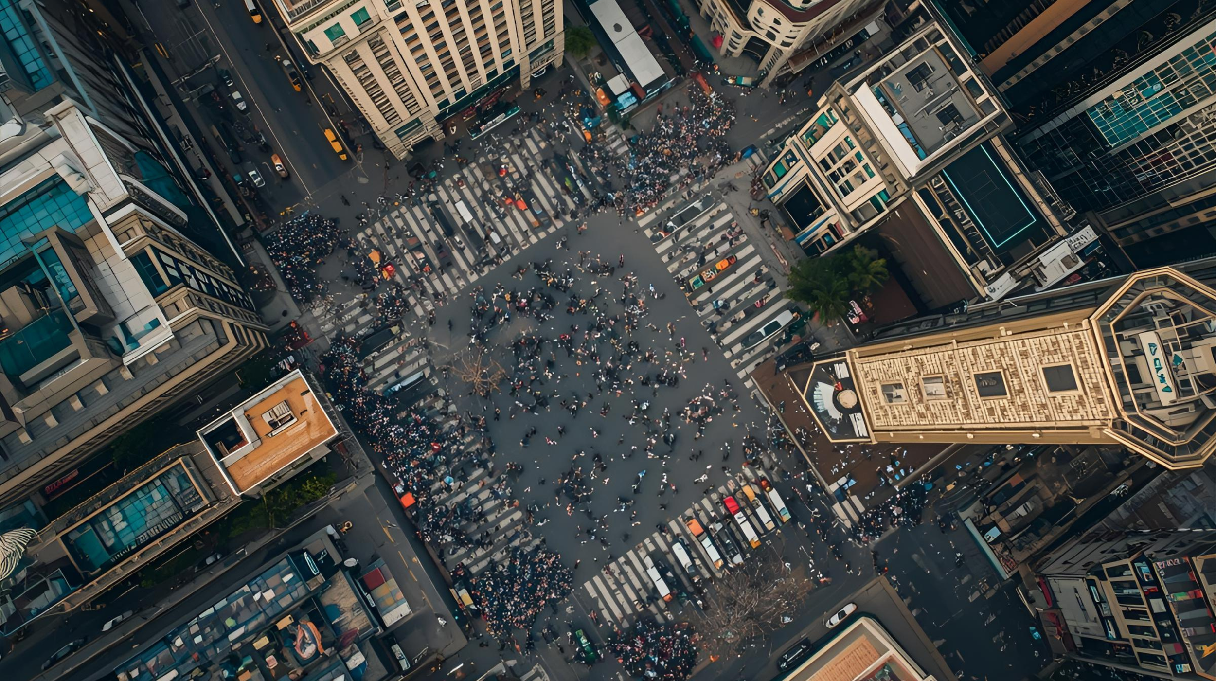 Multiple aerial photos 3D rendered aerial view of a busy city intersection with crowds crossing the streets and tall buildings surrounding the area.