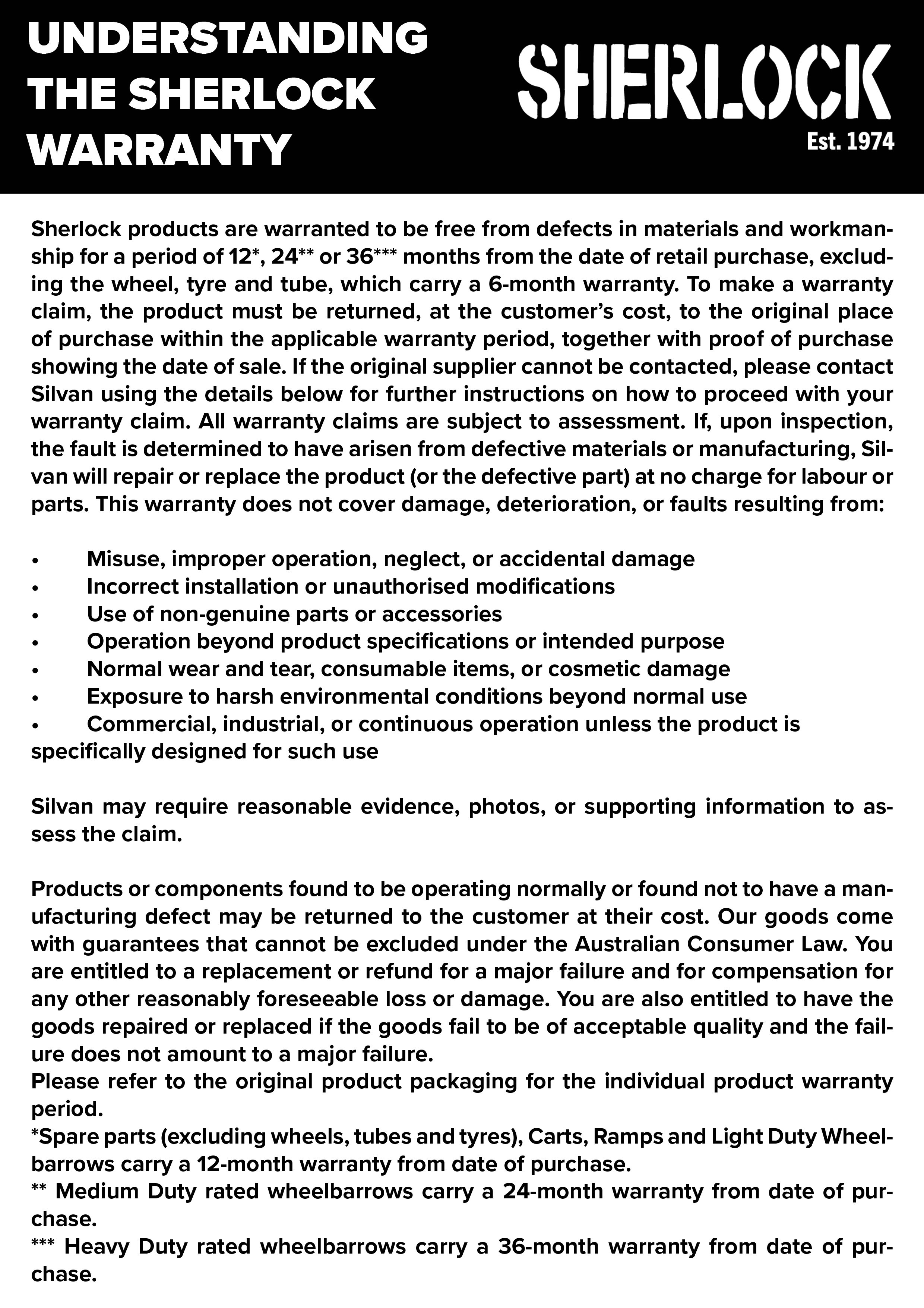 Warranty information for Sherlock products, including coverage periods, claim procedures, and exclusions for defects and damage, with contact details for further instructions.