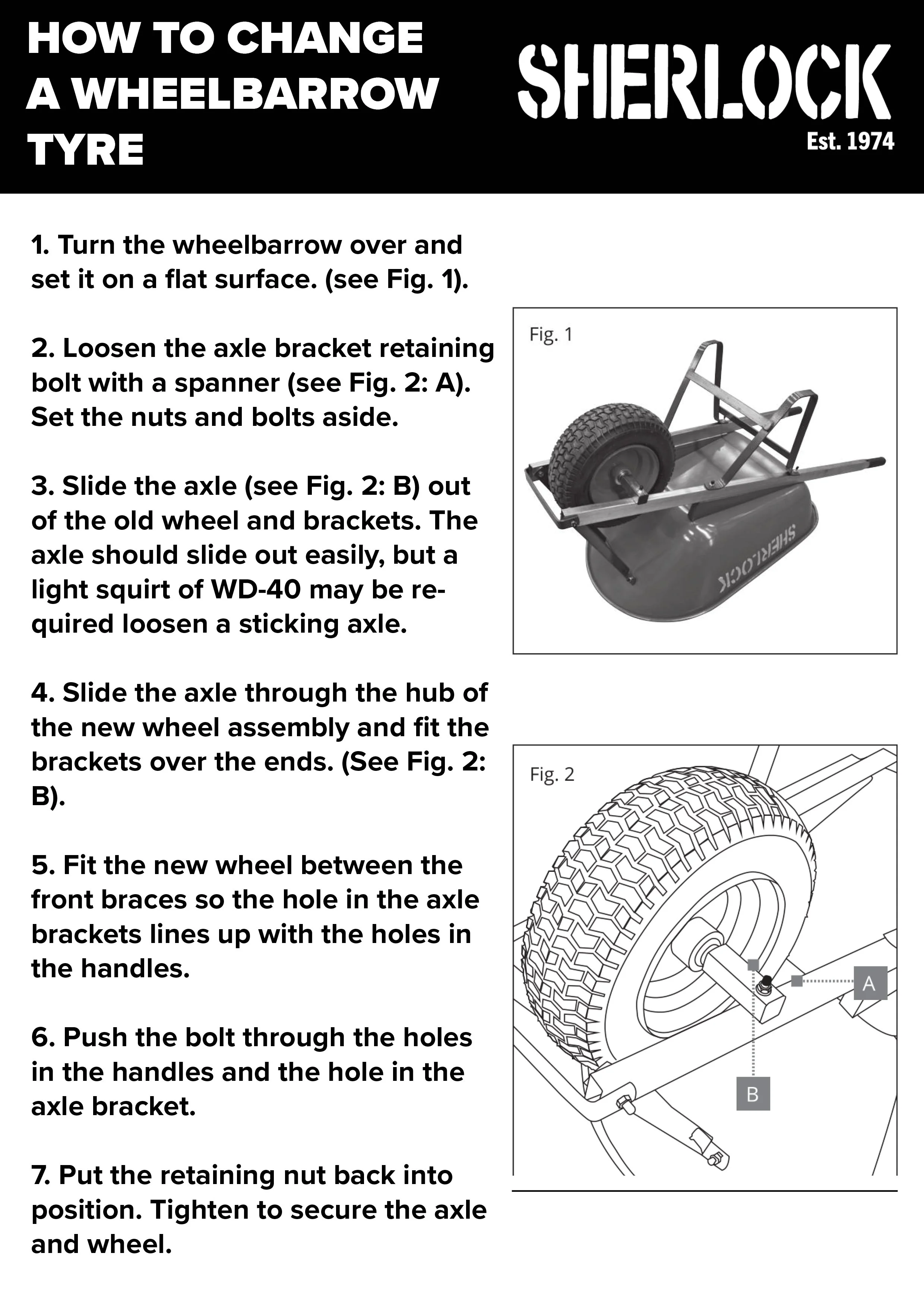 Instructions and illustrations for changing a wheelbarrow tire, showing the wheelbarrow, and step-by-step diagram of removing and replacing the wheel with labeled parts.