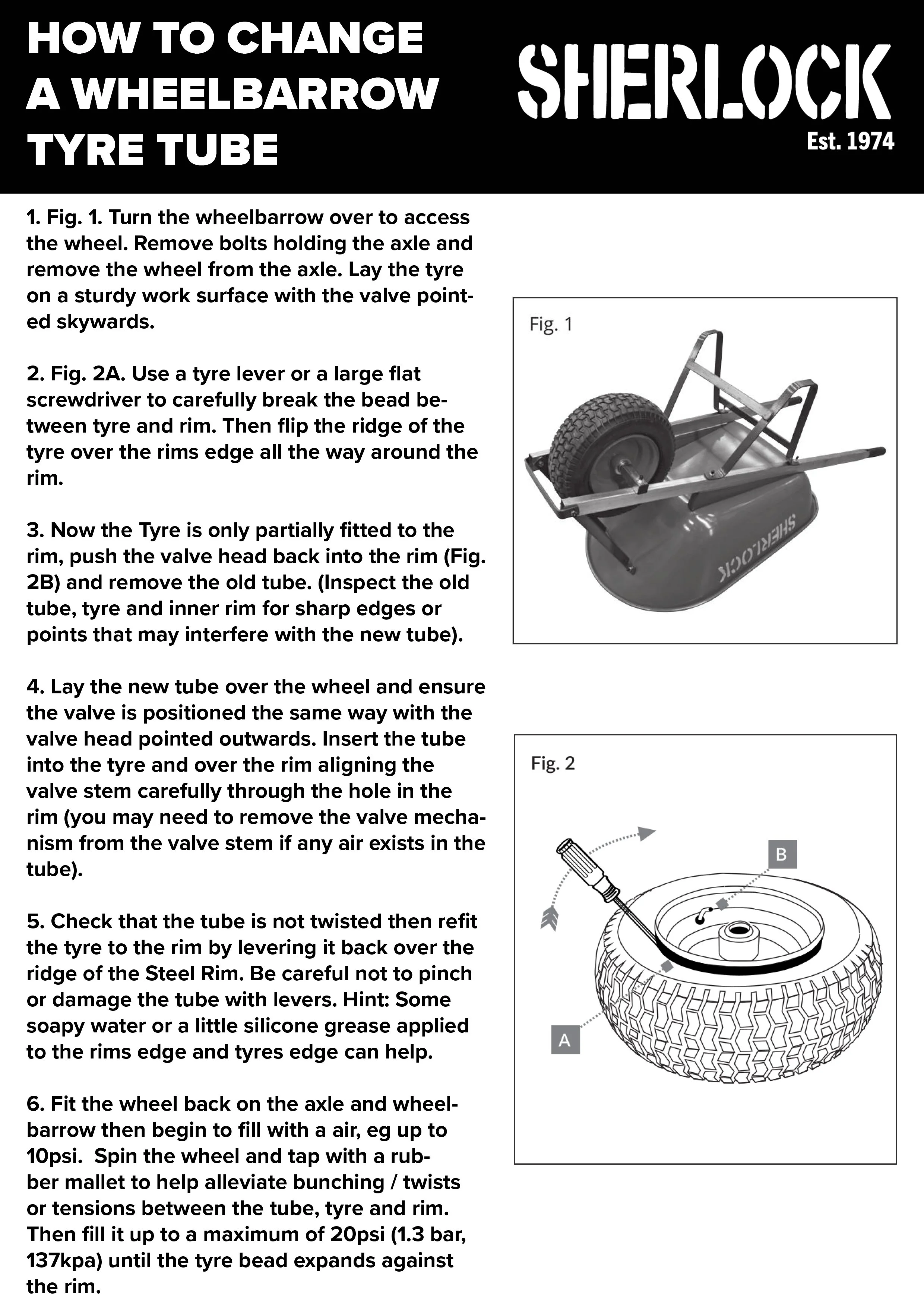 Instructions with images showing how to change a wheelbarrow tire tube: a wheelbarrow with a tire and tube on the right, and a diagram of a tire with a screwdriver pointing at a valve stem.
