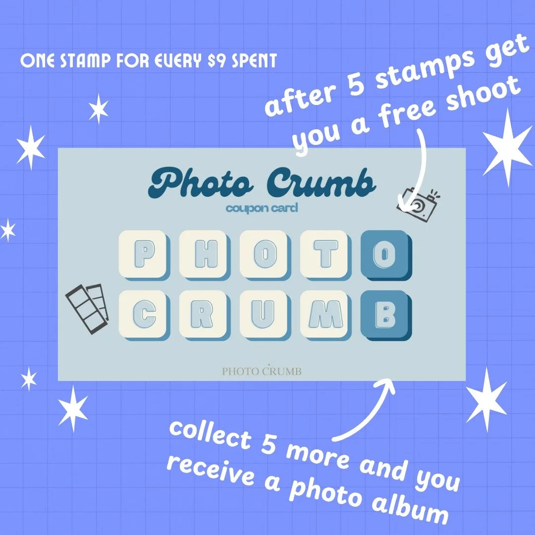 Say hello to our brand new Coupon Cards!

Start collecting stamps and unlock awesome rewards along the way:
🔘 5 stamps = FREE photo shoot
🔘 10 stamps = FREE PhotoCrumb album

Earn 1 stamp for every $9 spent&mdash;because your memories deserve more 