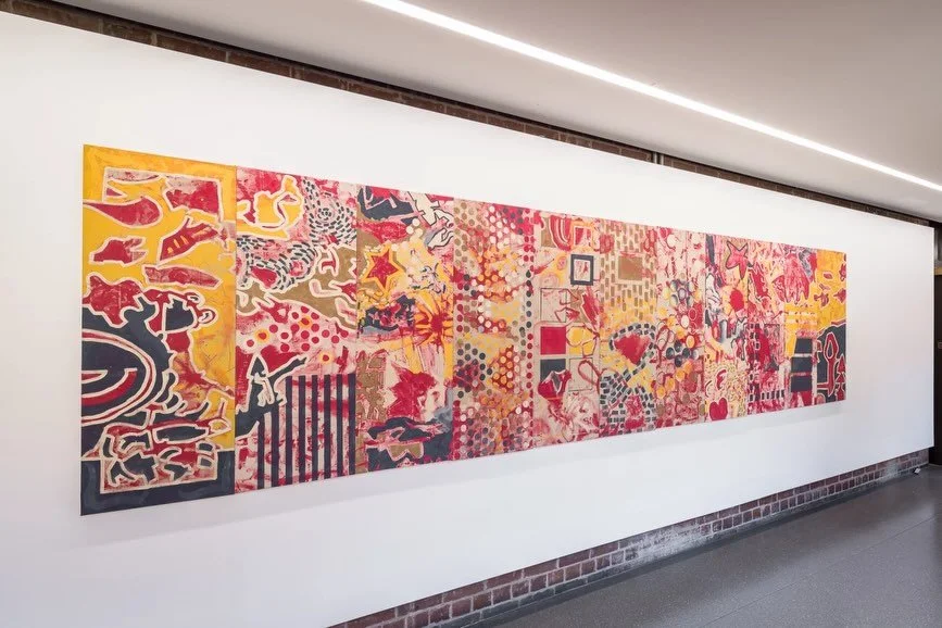 &lsquo;Patterns of the unmeant&rsquo; 
Board, raw canvas material, house grade wall paint

In collaboration with the 2025 Kindergarten class of St Michael&rsquo;s Primary School

This work embodies the beautifully unstructured nature of childhood ima