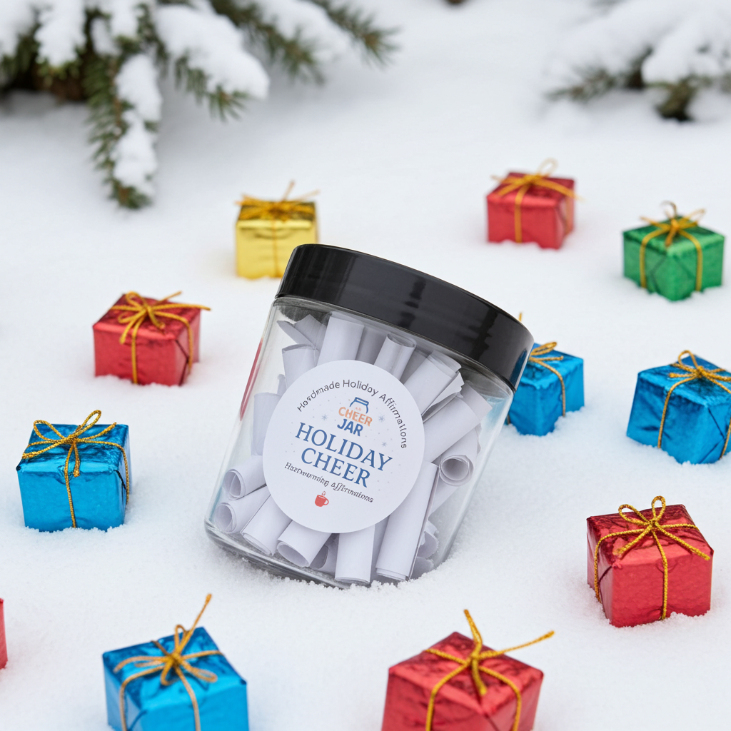 A clear jar labeled 'Holiday Cheer' filled with rolled paper slips, set in snow surrounded by small colorful wrapped gift boxes with gold ribbons and a snow-covered evergreen tree in the background.