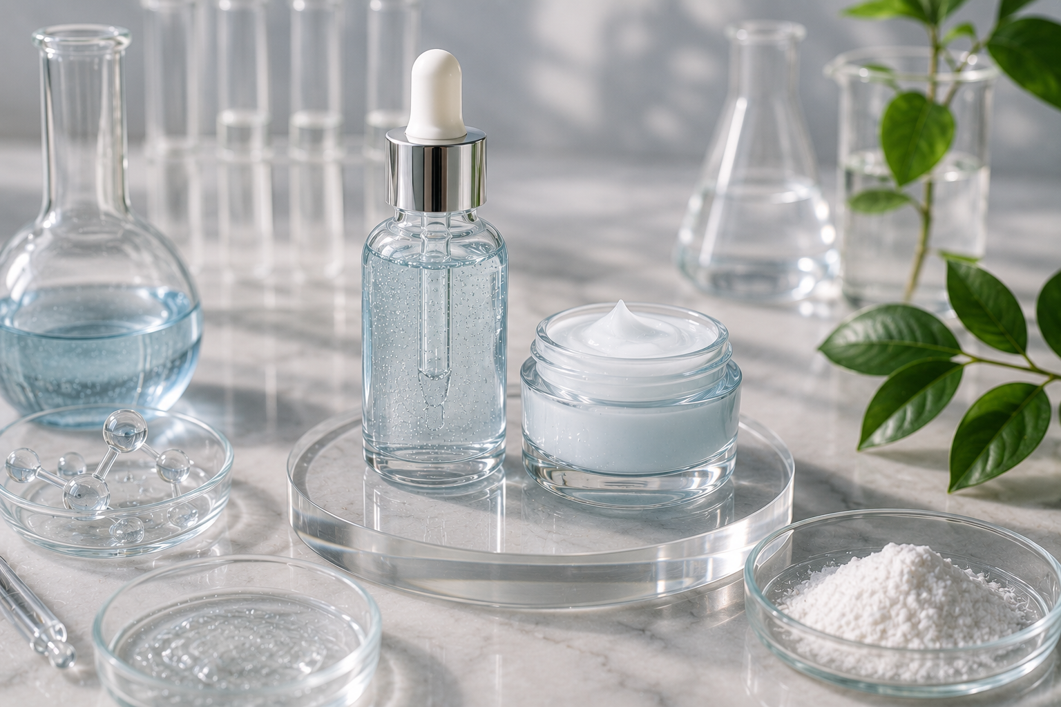 Ectoin skincare serum and moisturizer displayed with laboratory glassware, purified ingredient powder, molecular elements, and botanical accents, representing hydration, skin barrier support, and cosmetic formulation.