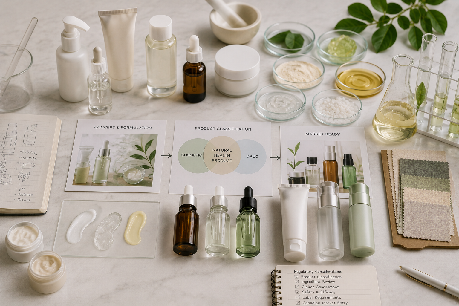 Skincare product development and regulatory classification for Health Canada compliance.