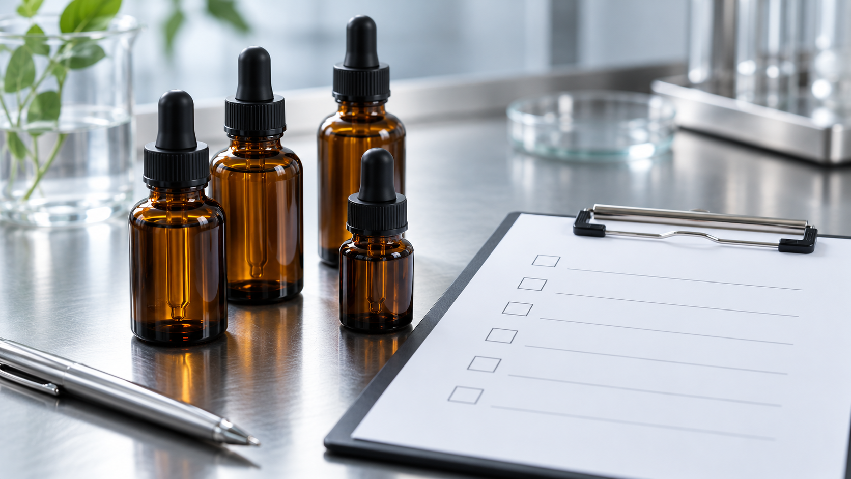 Unbranded amber glass dropper bottles beside a blank checklist on a clean steel surface