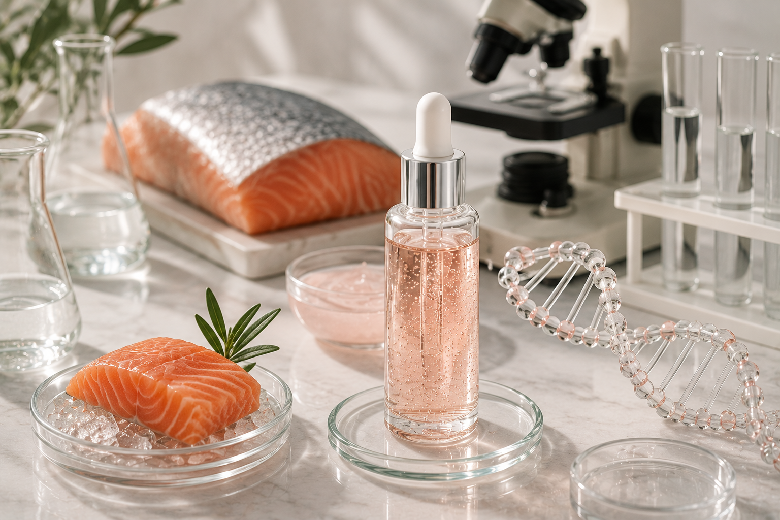 Skincare serum with a glass dropper displayed beside salmon, laboratory glassware, and a DNA model, representing salmon-derived PDRN skincare research and cosmetic formulation.