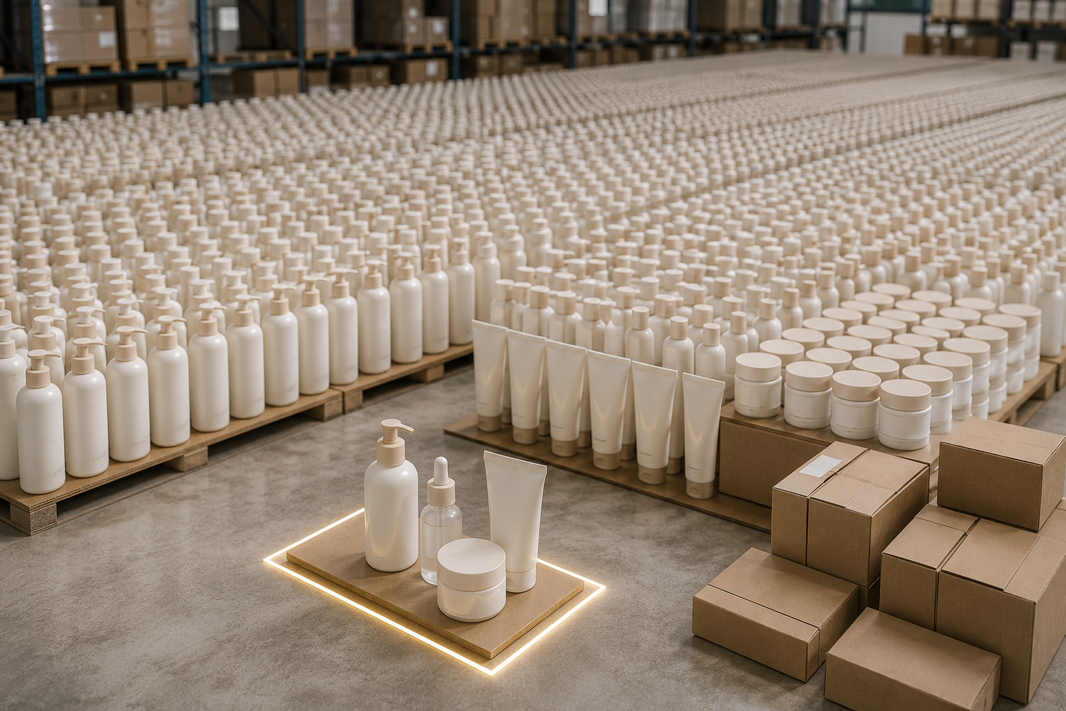 Thousands of private label skincare products arranged in a warehouse, illustrating how minimum order quantities and production scale affect inventory planning and manufacturing costs.