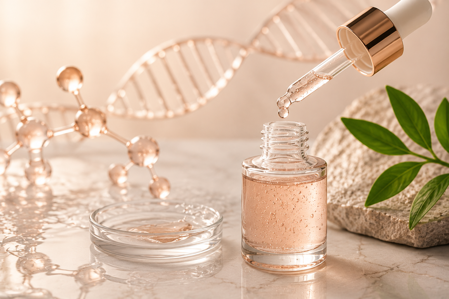 Luxury skincare serum with a glass dropper, DNA-inspired molecular elements, and botanical accents, representing PDRN skincare science, hydration, and skin barrier support.