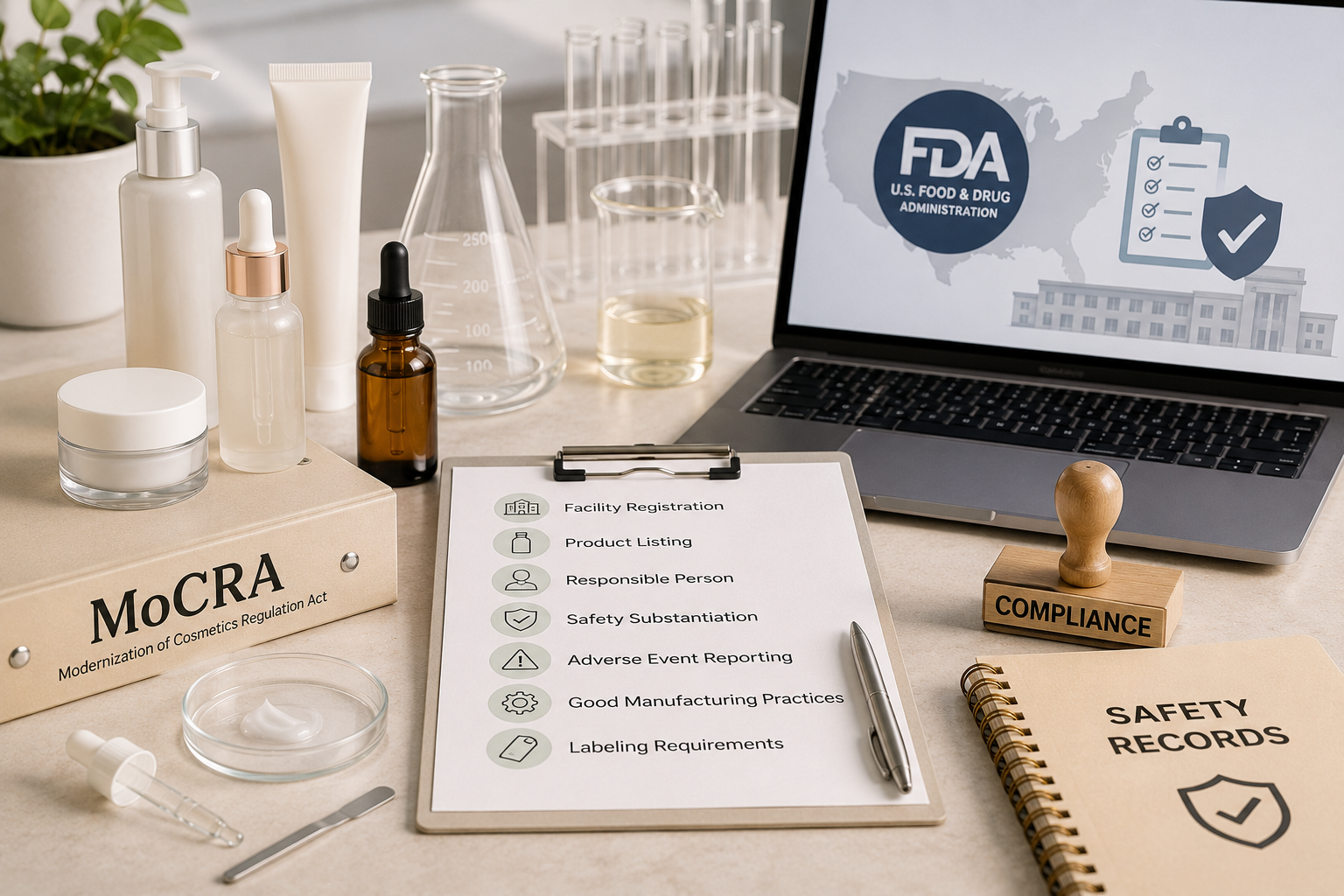 Skincare products, laboratory glassware, and compliance documents arranged in a modern workspace, representing cosmetic regulatory compliance, product safety documentation, and MoCRA readiness for skincare brands.