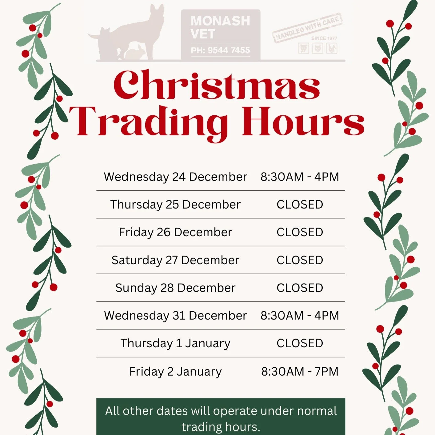 🎄✨ Merry Christmas from all of us at Monash Veterinary Clinic ✨🎄

As we head into the festive season, we want to take a moment to say a huge thank you to our wonderful clients and patients for your ongoing trust and support throughout the year. Car
