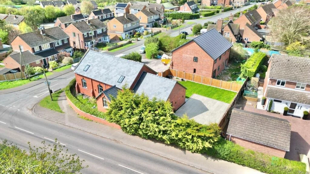 Aerial view of The Chapel luxury holiday rental property near Eccleshall with patio and gardens