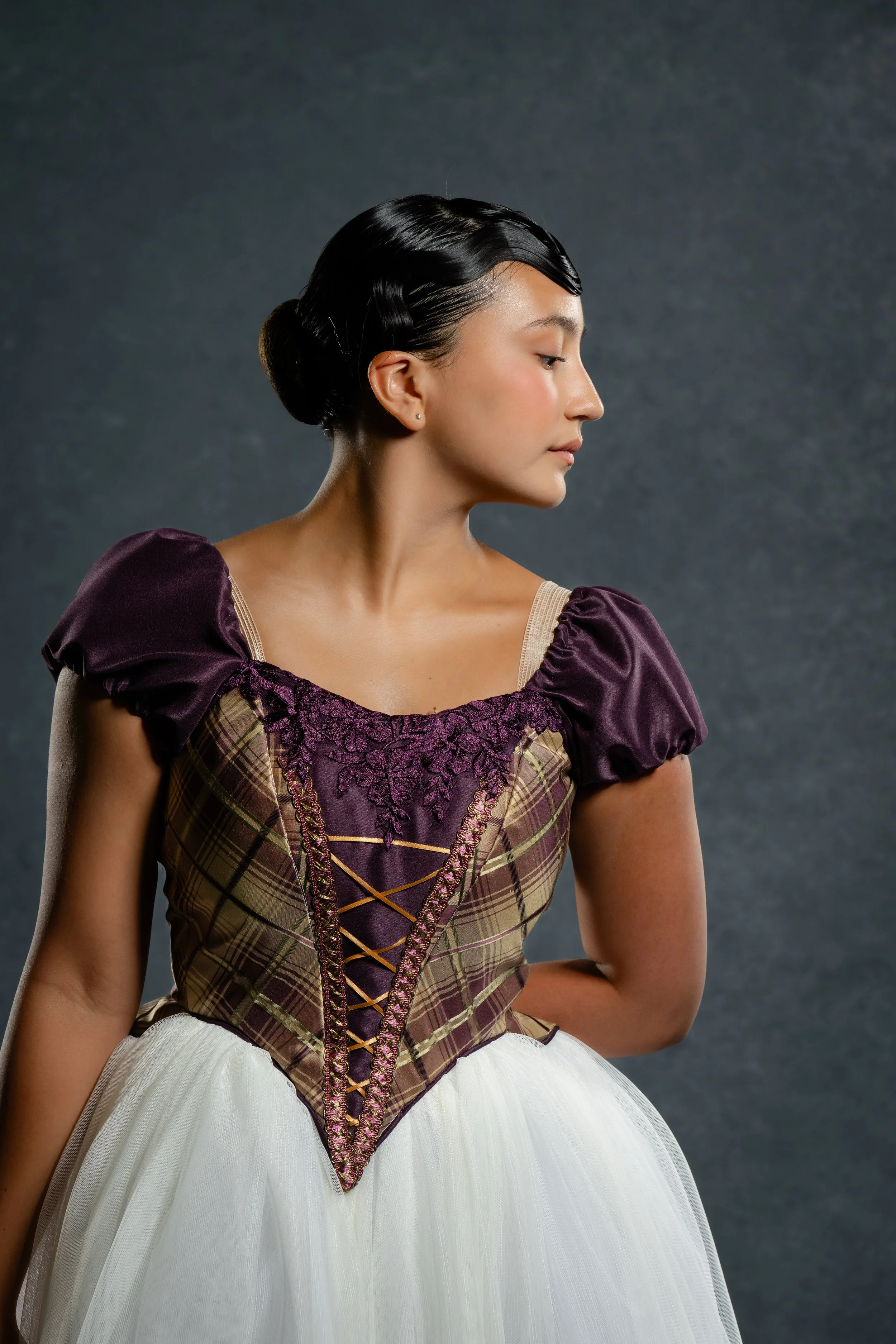 $550
Regal aubergine and gold romantic tutu.  
Buy individually or as an entire set of 6 Silk Plaid Romantic Tutus for a discount.
Bust: 30-32"
Waist: 23-25.5"
Hip: 34-35.5"
1/2 Girth: 27"
