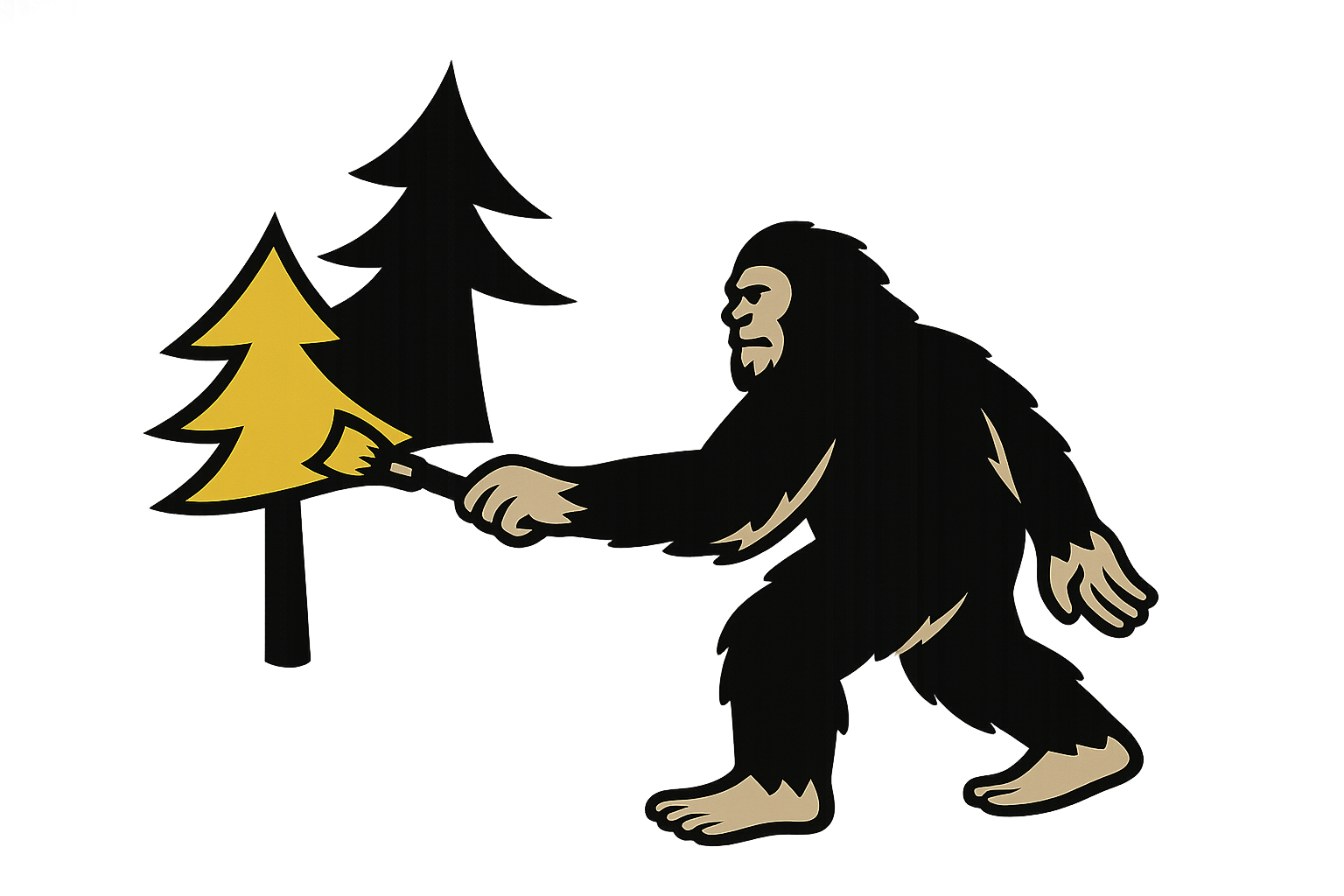 A stylized illustration of a gorilla reaching out to touch a yellow tree, with additional black trees in the background, set against a dark background with red accents.