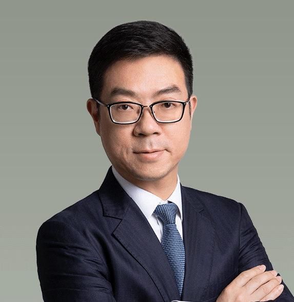 A professional man with glasses wearing a dark suit, white shirt, and blue tie, standing with crossed arms against a plain green background.