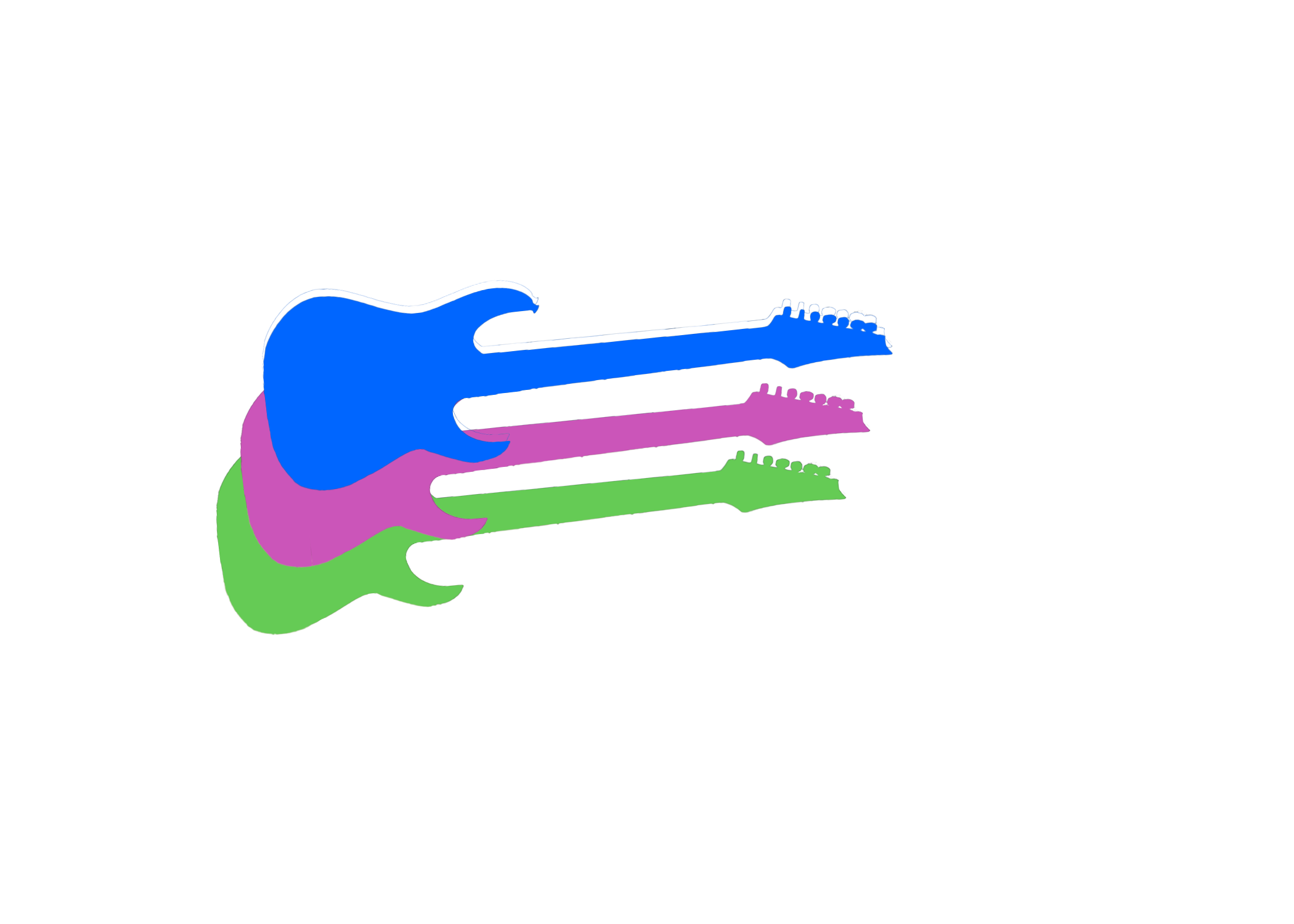 Three overlapping electric guitar silhouettes in blue, pink, and green on a black background.