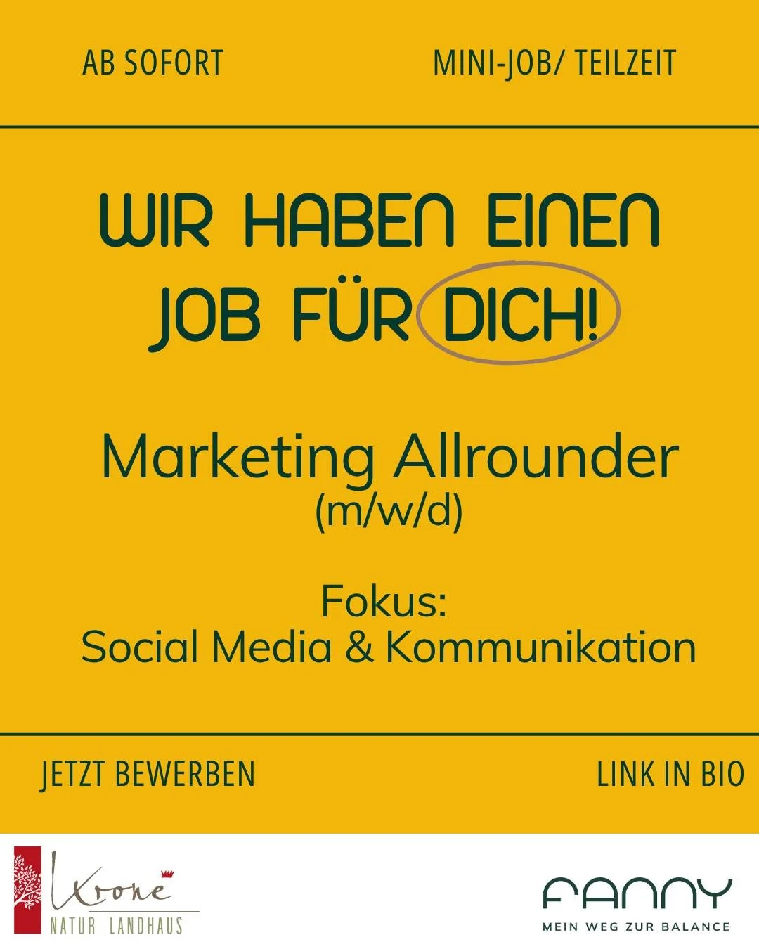 🌿 Werde Teil unseres Teams!
Wir suchen Verst&auml;rkung im Marketing 💬✨
👉 Du liebst Social Media?
👉 Gesundheit, Ern&auml;hrung, Bewegung &amp; Entspannung sind genau dein Ding?
👉 Du m&ouml;chtest kreative Ideen umsetzen und Emotionen transportie
