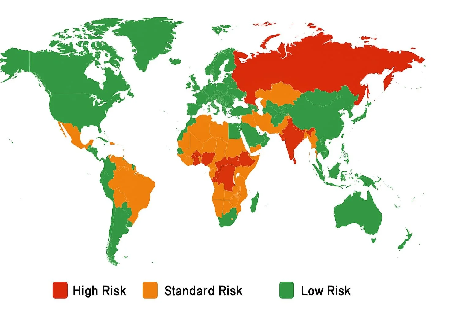 World map showing countries classified by risk level: high risk in parts of Africa, Middle East, South Asia, and Southeast Asia, marked in red; standard risk in parts of Africa, South America, some Middle Eastern countries, marked in orange; low risk countries in North America, Europe, Australia, East Asia,  parts of Africa, marked in green.