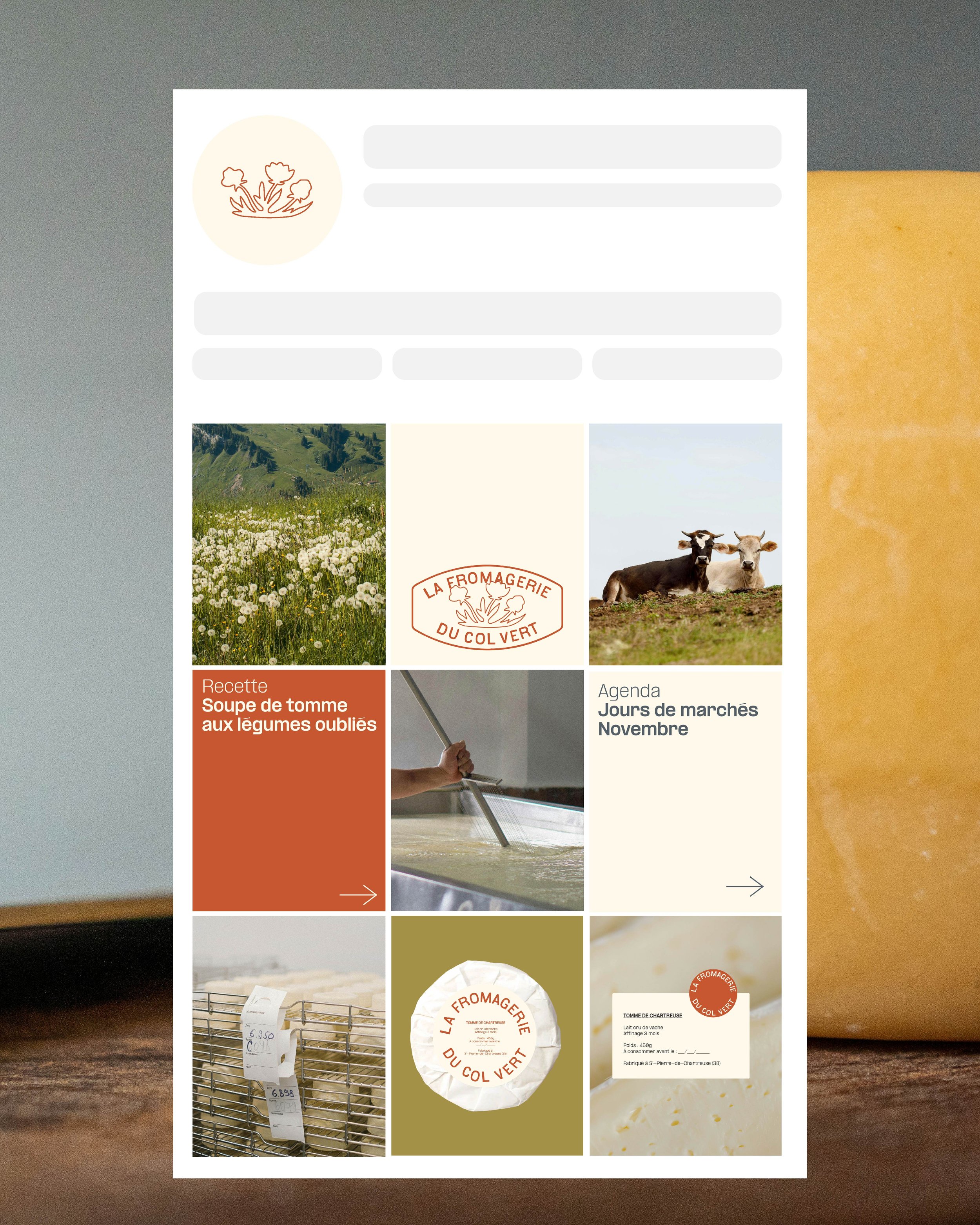 Une affiche promotionnelle pour une fromagerie appelée 'La Fromagerie du Col Vert'. Elle montre des images de champs, de vaches, du processus de fabrication du fromage, et diverses informations sur des recettes et un agenda de marchés, avec un emballage de fromage en gros plan.