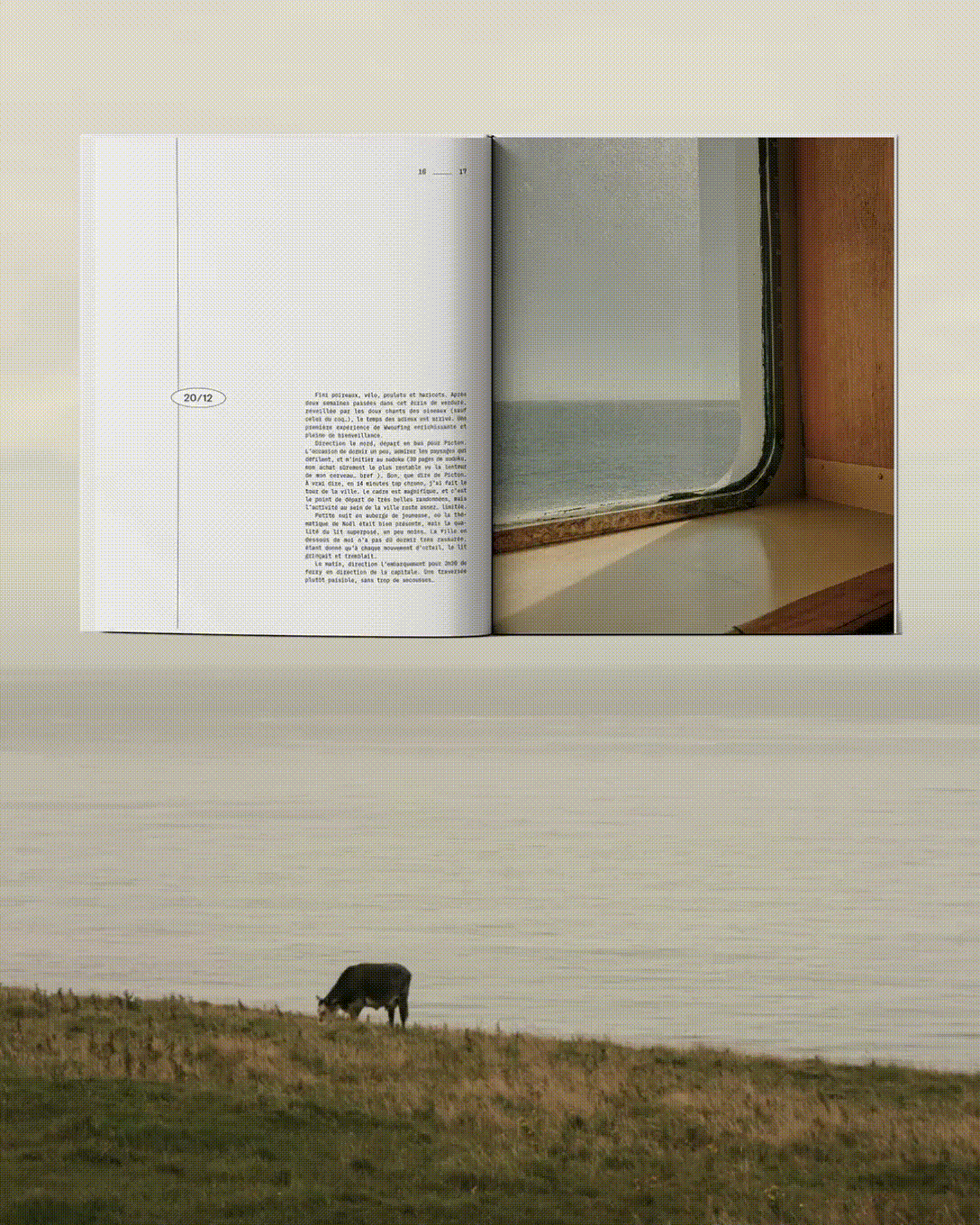 Page de livre ouverte affichant du texte en français, avec une image de paysage rural en bas montrant un bovin noir pâturant dans un champ avec une mer ou un grand lac au second plan.