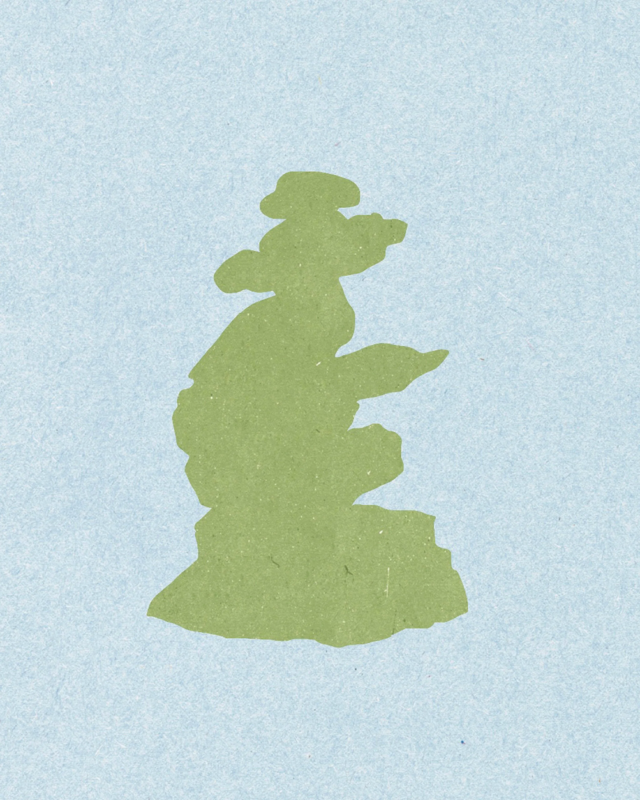 Silhouette en vert de la forme d'une tortue sur un fond bleu clair