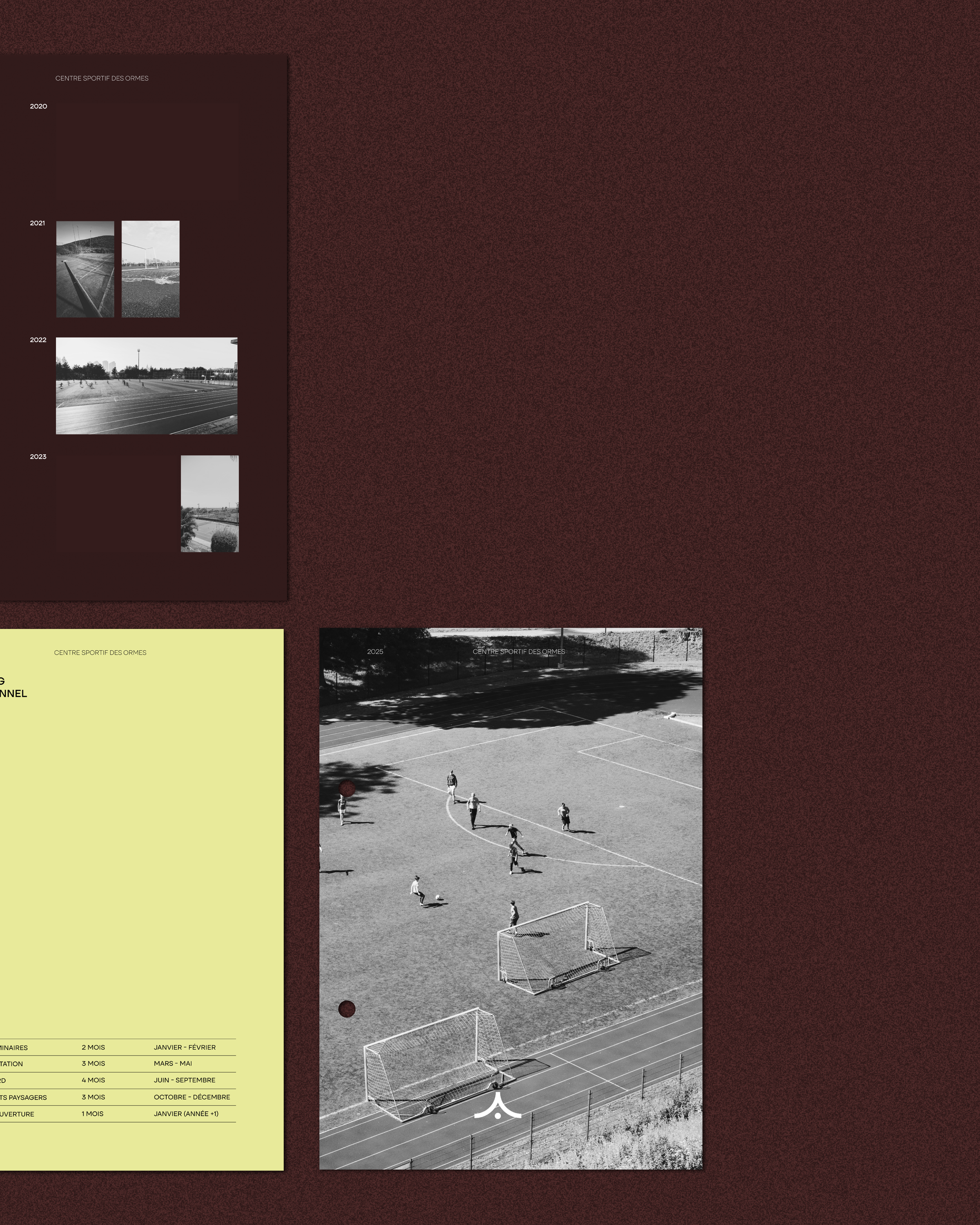 Planche d'affiches thématiques pour le centre sportif des Ormes, montrant des photos en noir et blanc de différentes activités sportives et le calendrier annuel.