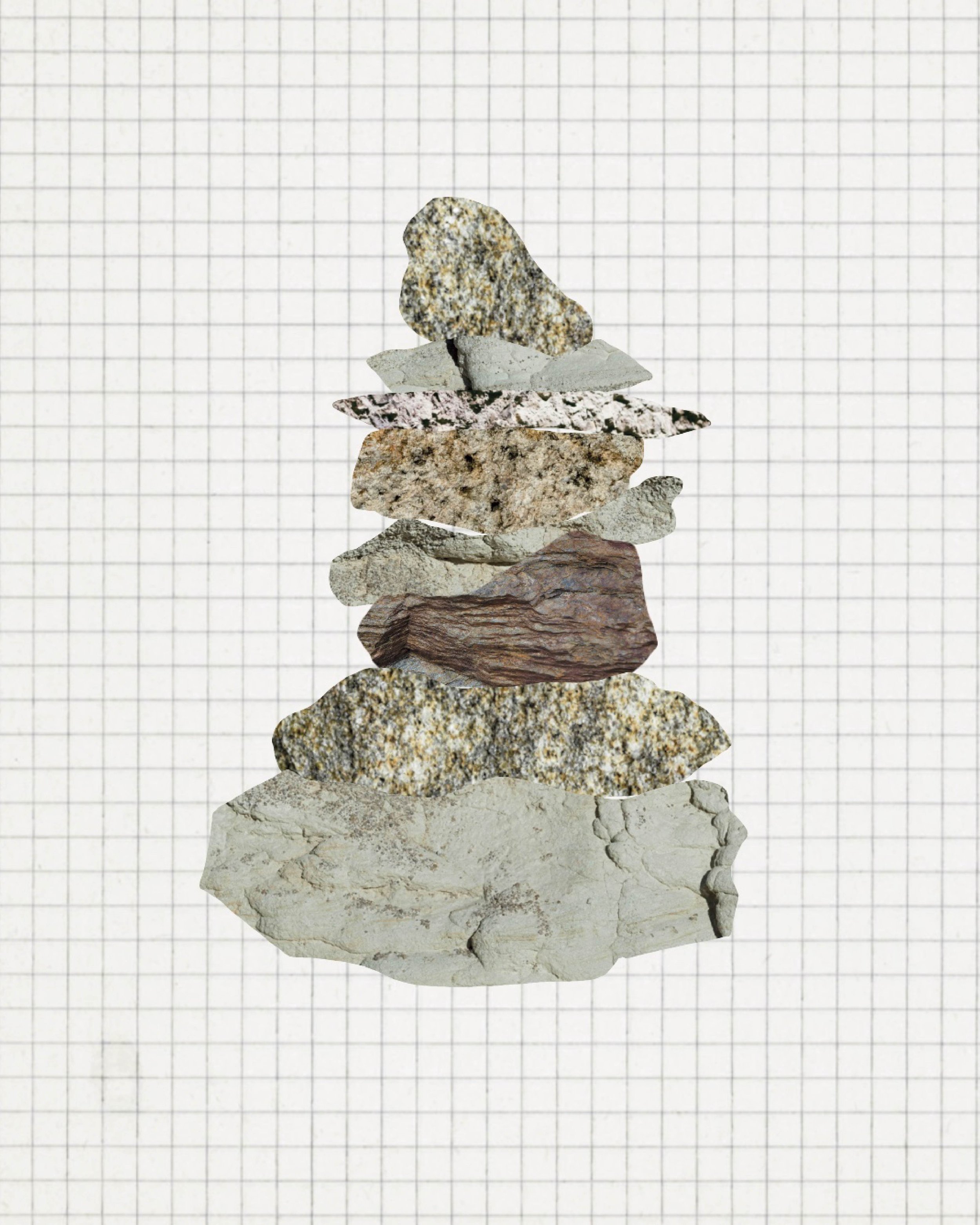 Empilement de pierres de différentes tailles, formes et couleurs sur fond de quadrillage