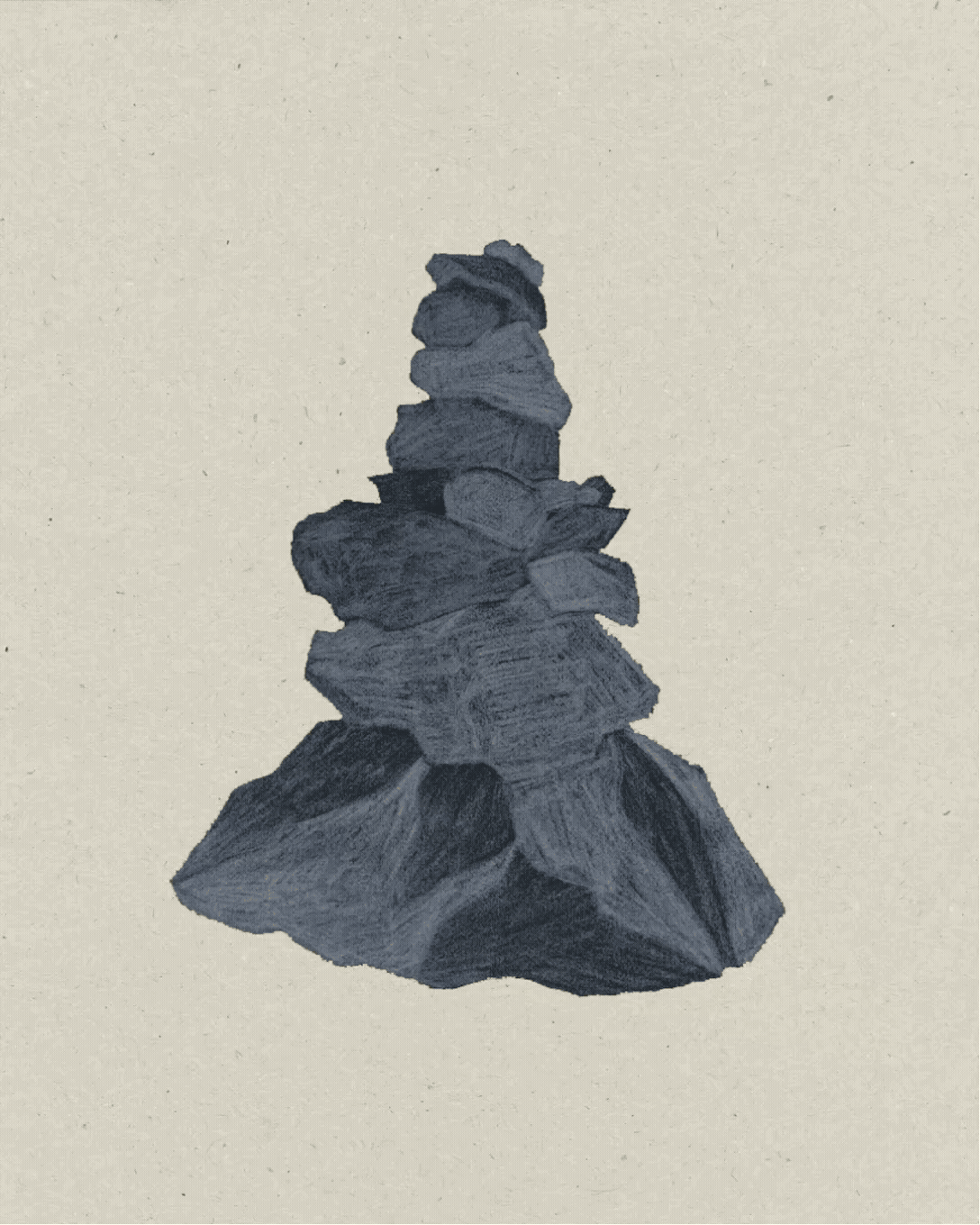 Une sculpture en pierre ou en bois représentant une pile de rochers ou de formes abstraites.