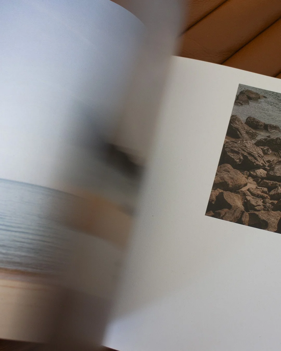 Page d'un livre ou magazine avec une photo de rochers au bord de la mer.