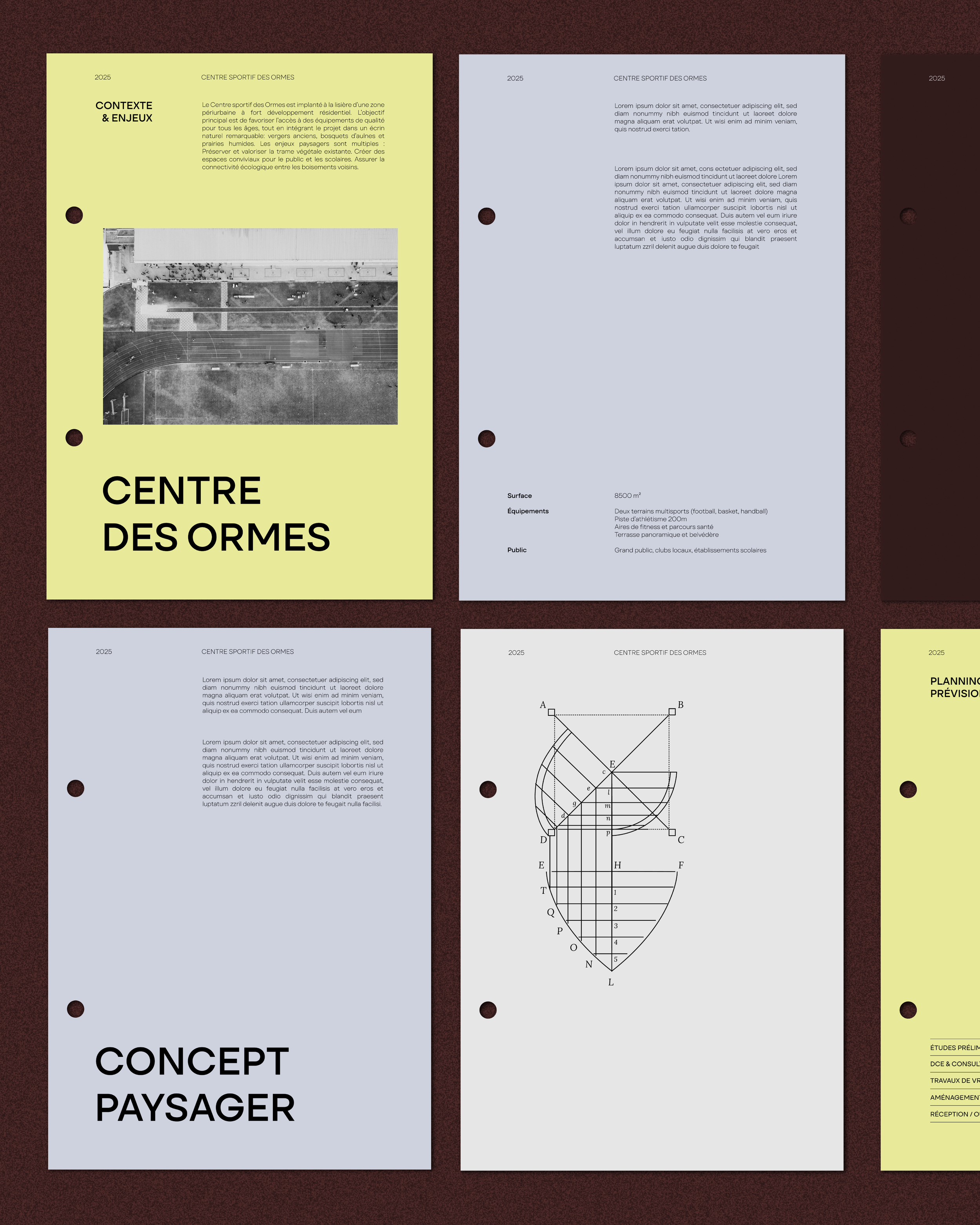 Planification de projets au centre sportif des Ormes, incluant des documents avec plans, diagrammes, et textes en français.