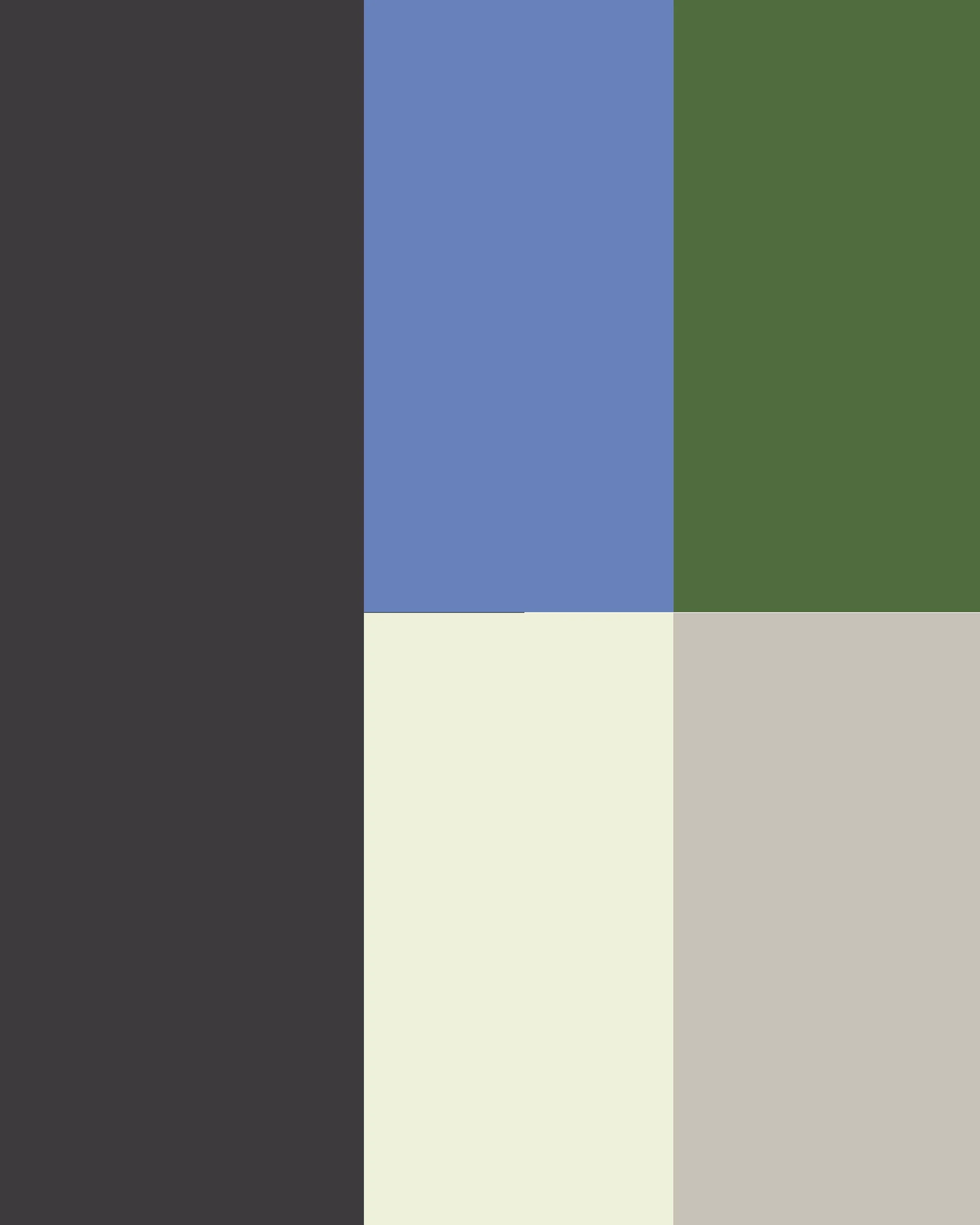 A color palette with six vertical color blocks: dark gray, blue, green, light cream, light gray, and beige.