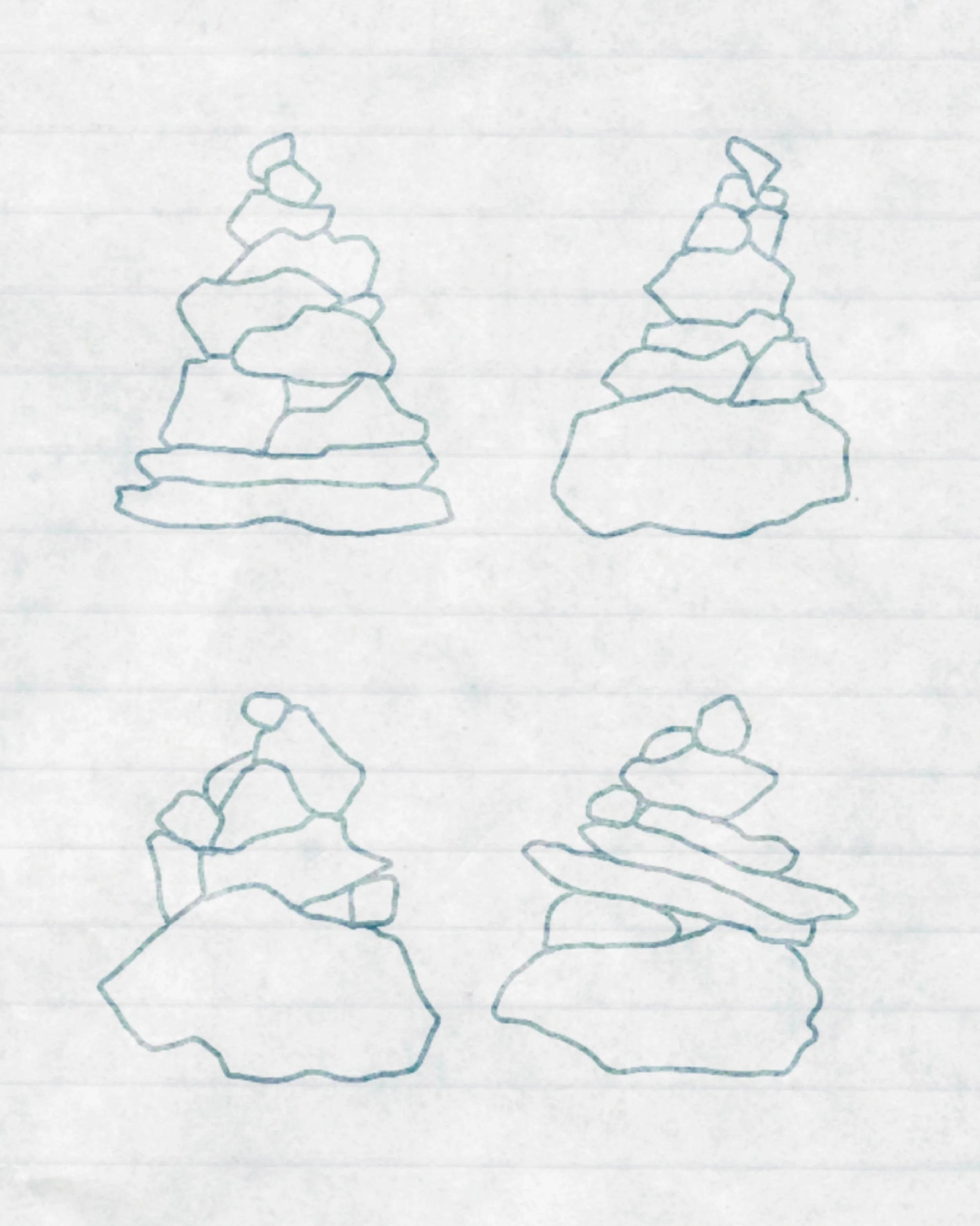 Dessins de quatre tas de pierres empilées, esquissés à la main en ligne bleue sur du papier quadrillé.