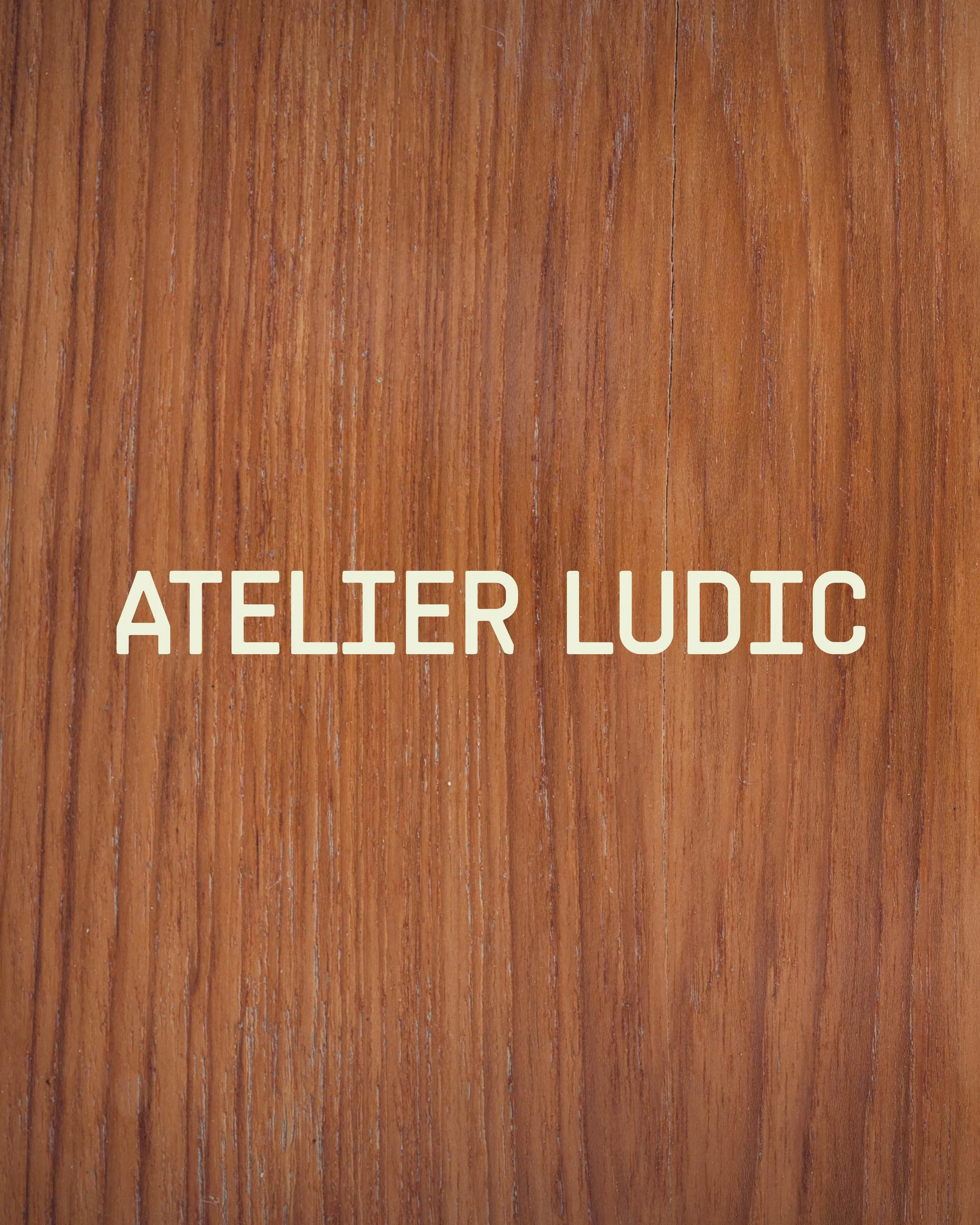 Panneau en bois avec le texte 'Atelier Ludic' en blanc