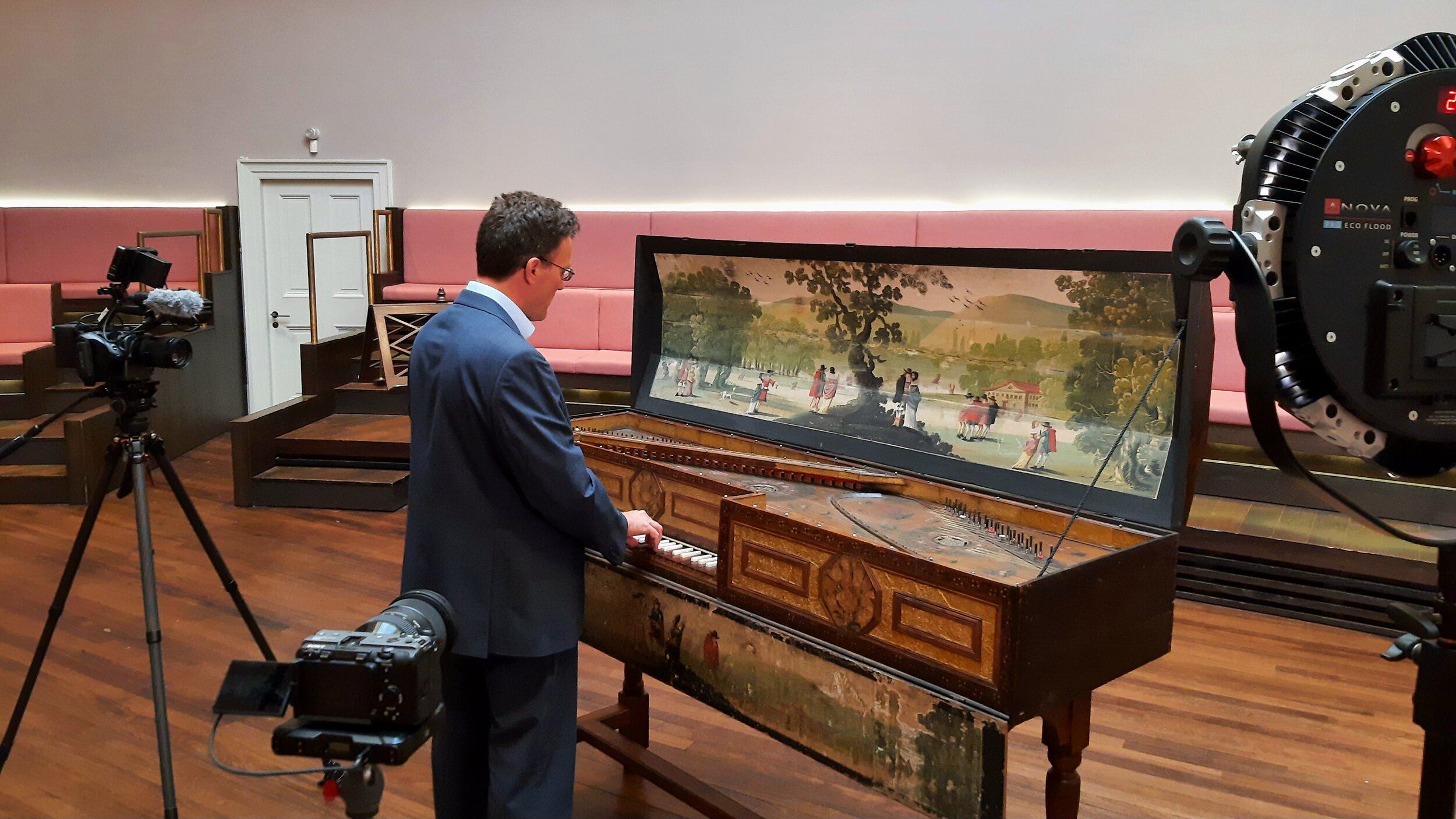 Julian Perkins at the recording of his Musica Britannica video at St Cecilia’s Hall, Edinburgh.