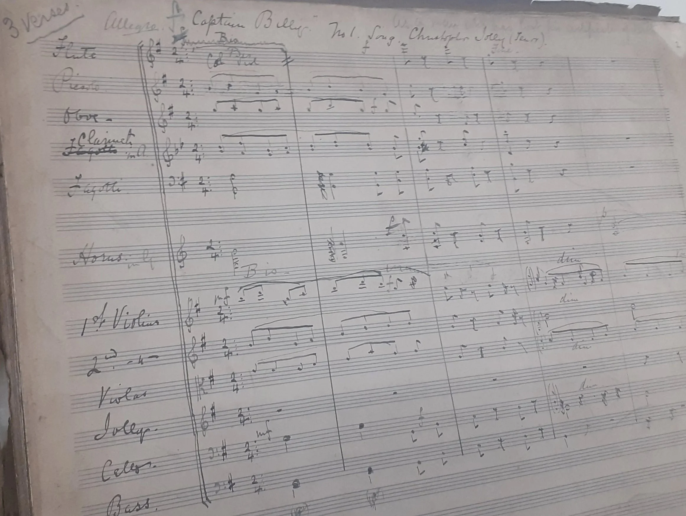 Image of the autograph manuscript of François Cellier’s Captain Billy, from the British Library's collection (shelfmark MS Mus. 1824/2/2/1, folio 2r