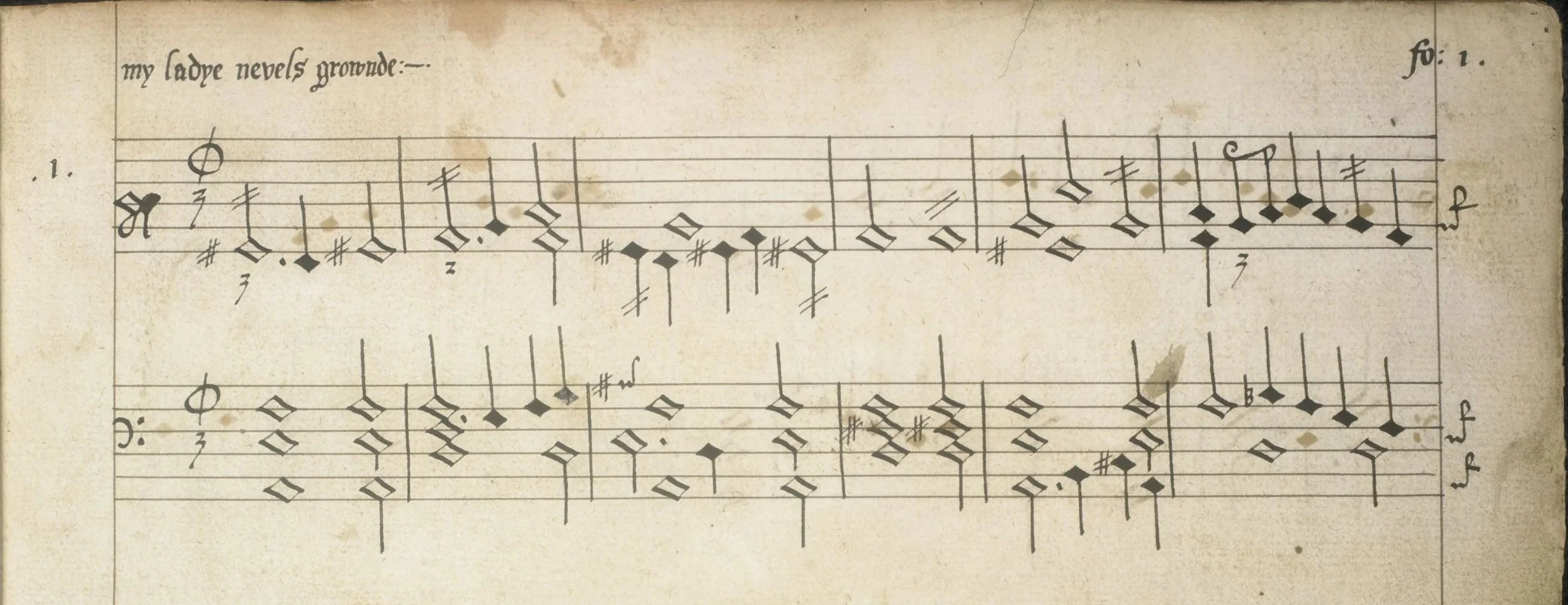 Opening of ‘My Ladye Nevels Grounde’ from My Ladye Nevell’s Book. British Library MS Mus. 1591, fol 1r.