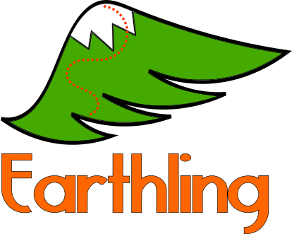 A stylized green leaf with a dashed red line and black lines highlighting its edges, accompanied by the word "Earthling" in orange text below.