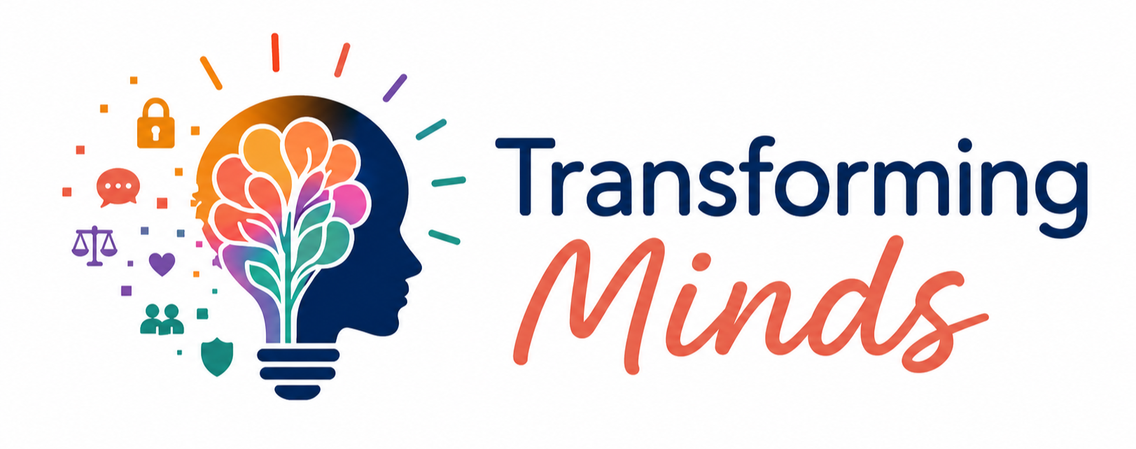 The image shows a diagram with a human head silhouette in profile. Inside the head, there is a colorful, stylized brain connected to a lightbulb, symbolizing ideas and mental growth. Surrounding the head are various icons representing communication, security, justice, love, social connection, and protection. To the right of the head, the text reads 'Transforming Minds' with "Transforming" in navy blue and "Minds" in orange, in a mix of fonts.