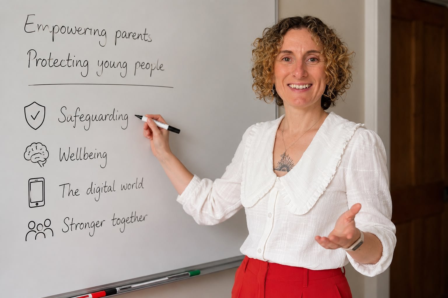 A woman with curly hair and a white blouse smiling while pointing to a whiteboard with handwritten text about safeguarding, wellbeing, digital world, and stronger together.