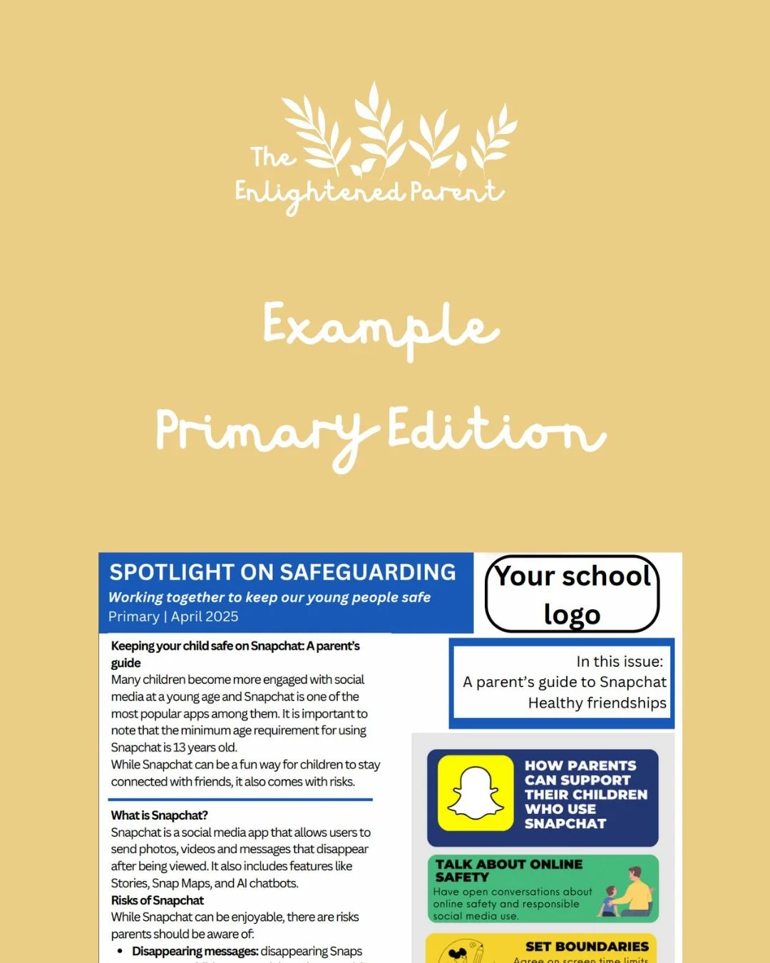 A cover page of a parent guide titled 'SPOTLIGHT ON SAFEGUARDING' with a yellow background, white leafy design at the top, and various sections about Snapchat safety and online safety guidelines.