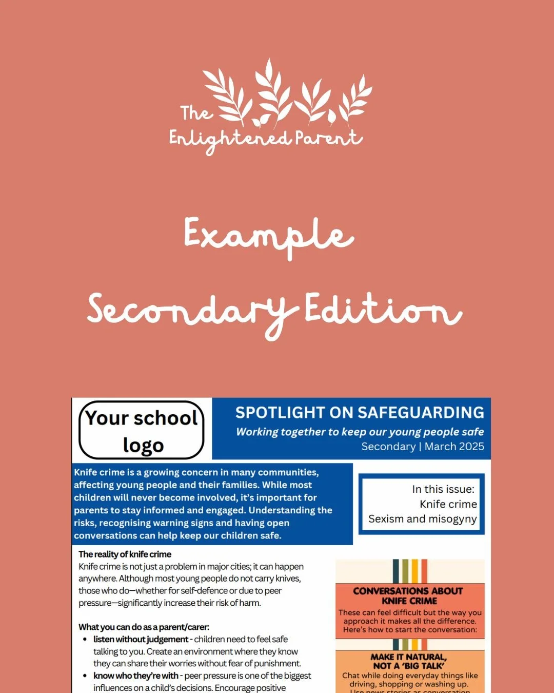 A school newsletter titled 'Spotlight on Safeguarding' for secondary students, March 2025, discussing knife crime, sexism, and misogyny, and including tips for parents to talk about knife crime with their children.