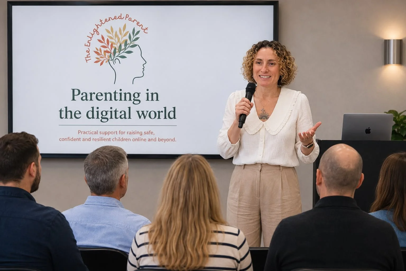 A woman with curly hair and a white blouse speaking into a microphone in front of a screen that reads 'Parenting in the digital world'. She is leading a presentation or discussion with an audience in a conference room.