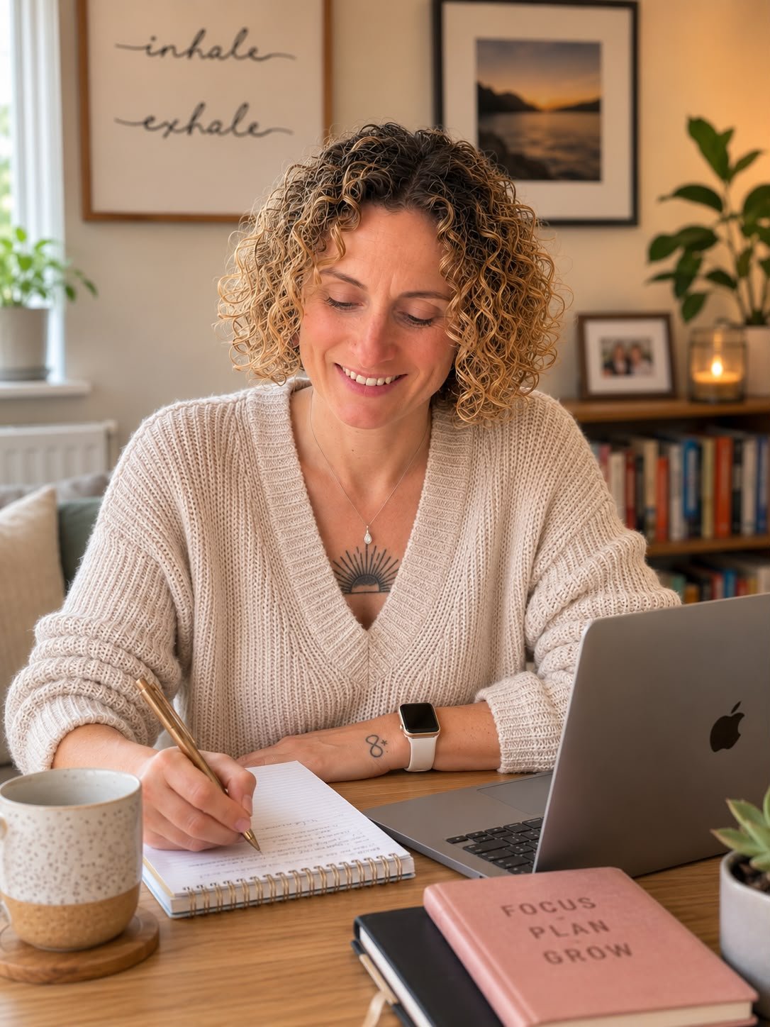 A woman with short curly hair is sitting at a desk, looking down at her laptop