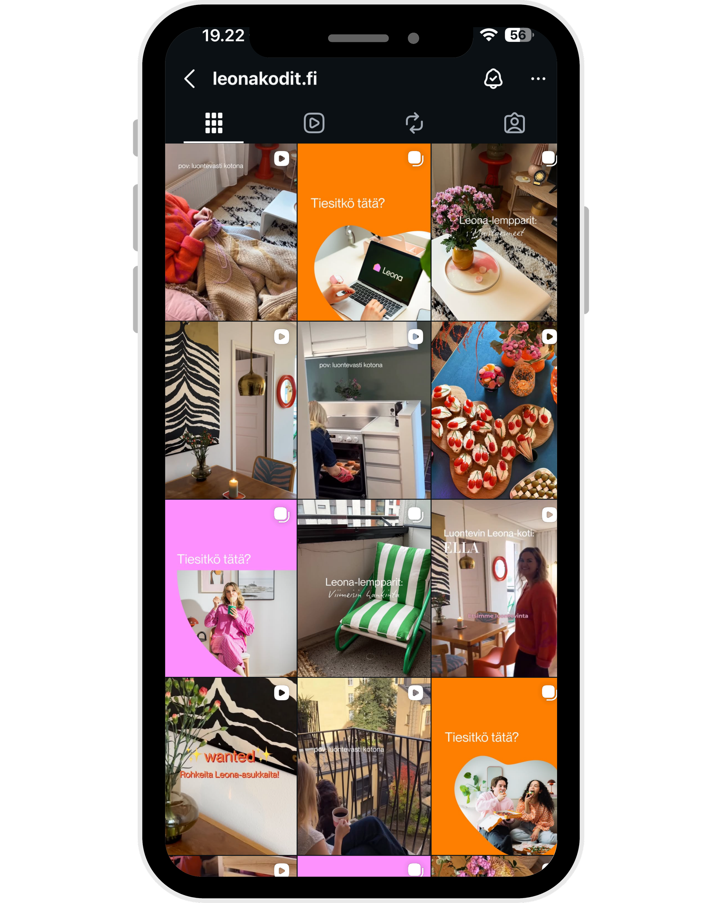 Mobiililaitteen näyttö, jossa on leonakodit.fi Instagram-profiili, sisältäen kuvia kodista, sisustuksesta ja lemmikkieläimistä.
