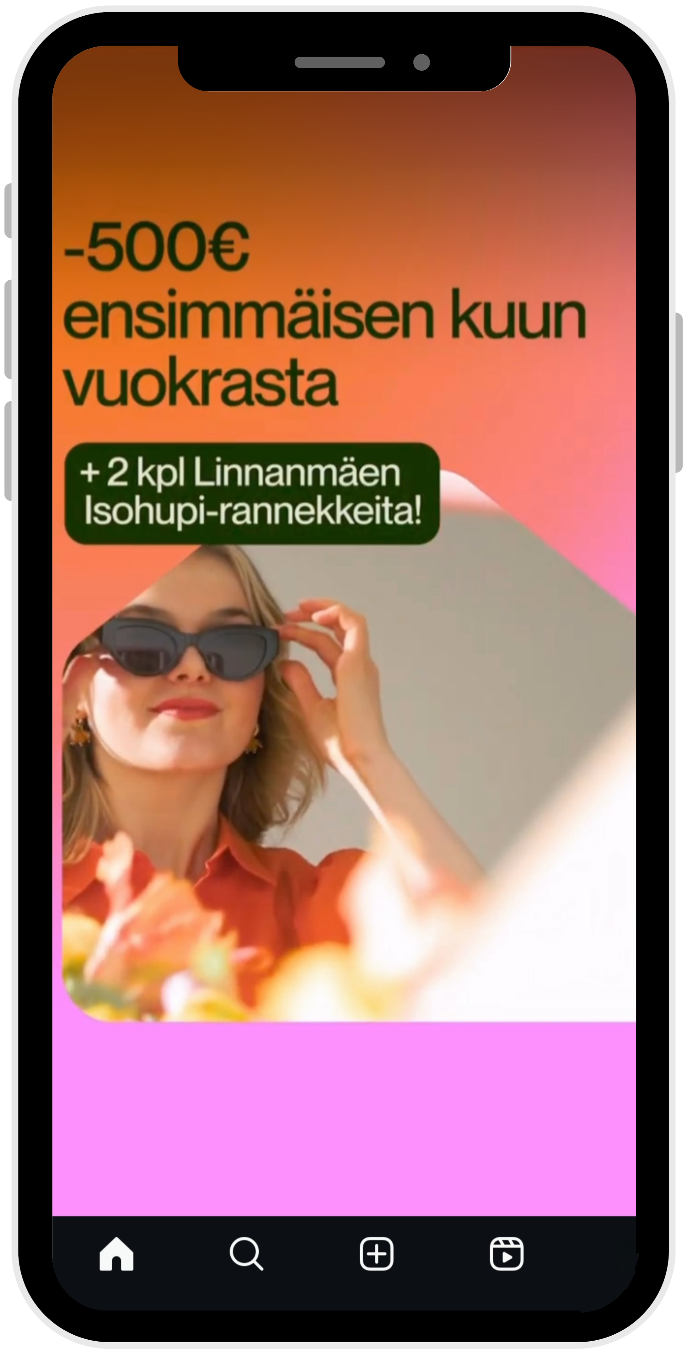 Esimerkki mainoksesta, jossa tarjotaan ensimmäisen vuoden vuokraa -500 eurolla ja kaksi Linnanmäen isohupi-ranneketta.