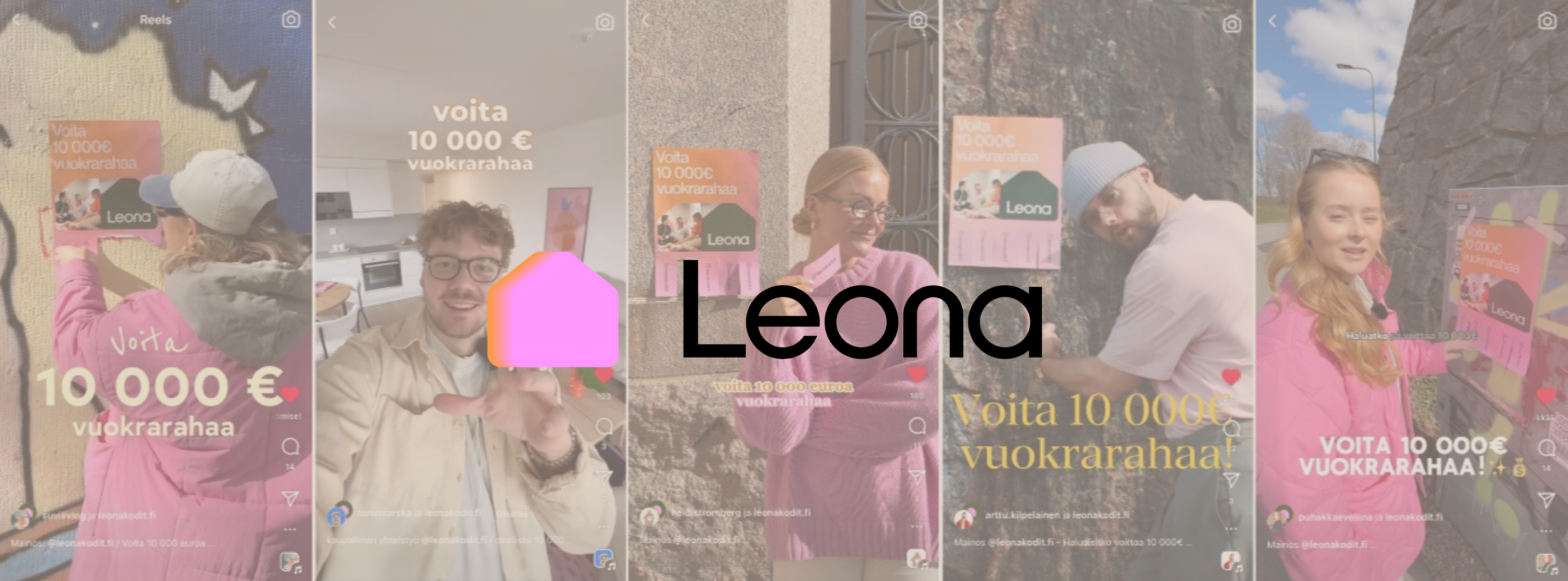 Vaikuttajien somepostaukset, joissa teksti 'Voita 10 000€ vuokrarahaa'.